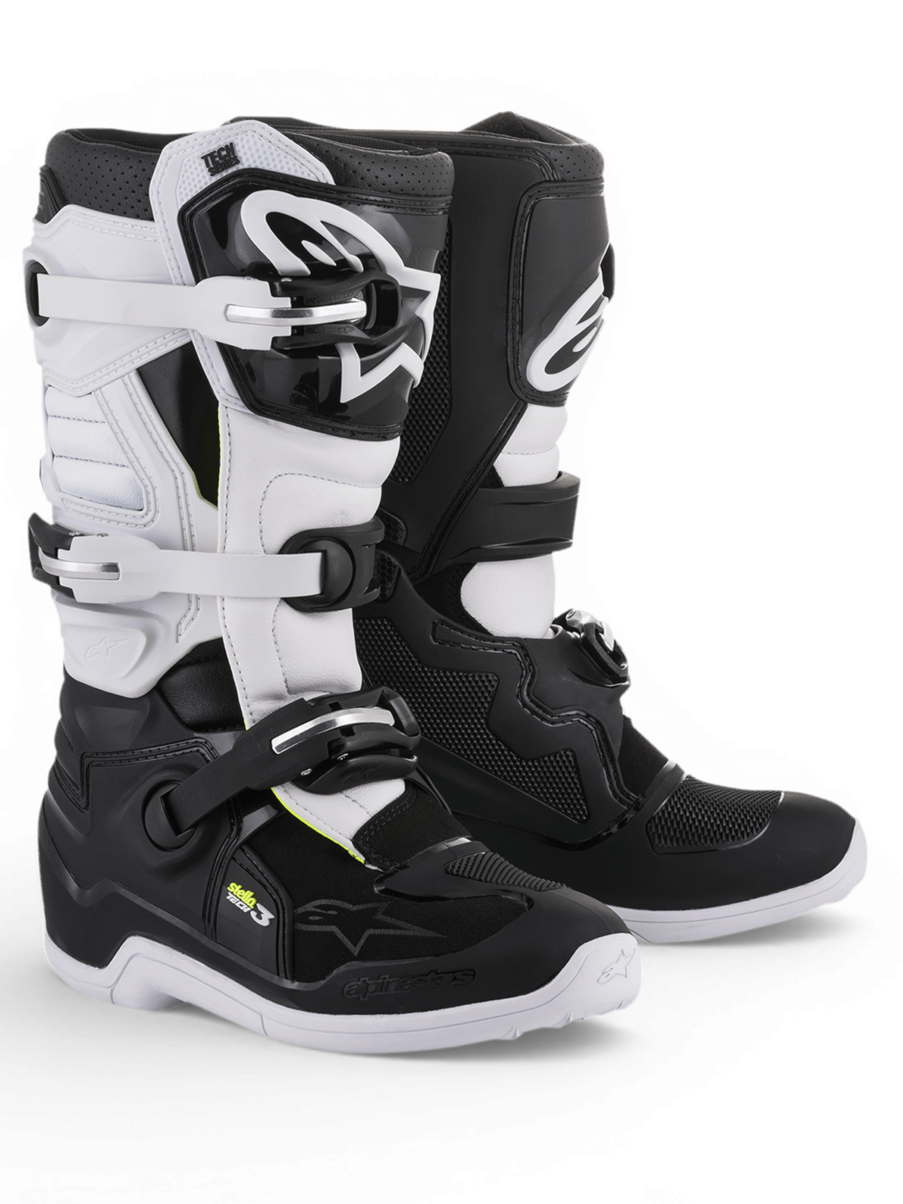 Stivali da motocross Alpinestars Stella Tech 3 da donna, neri e bianchi, con pannelli protettivi in TPU e fibbie regolabili