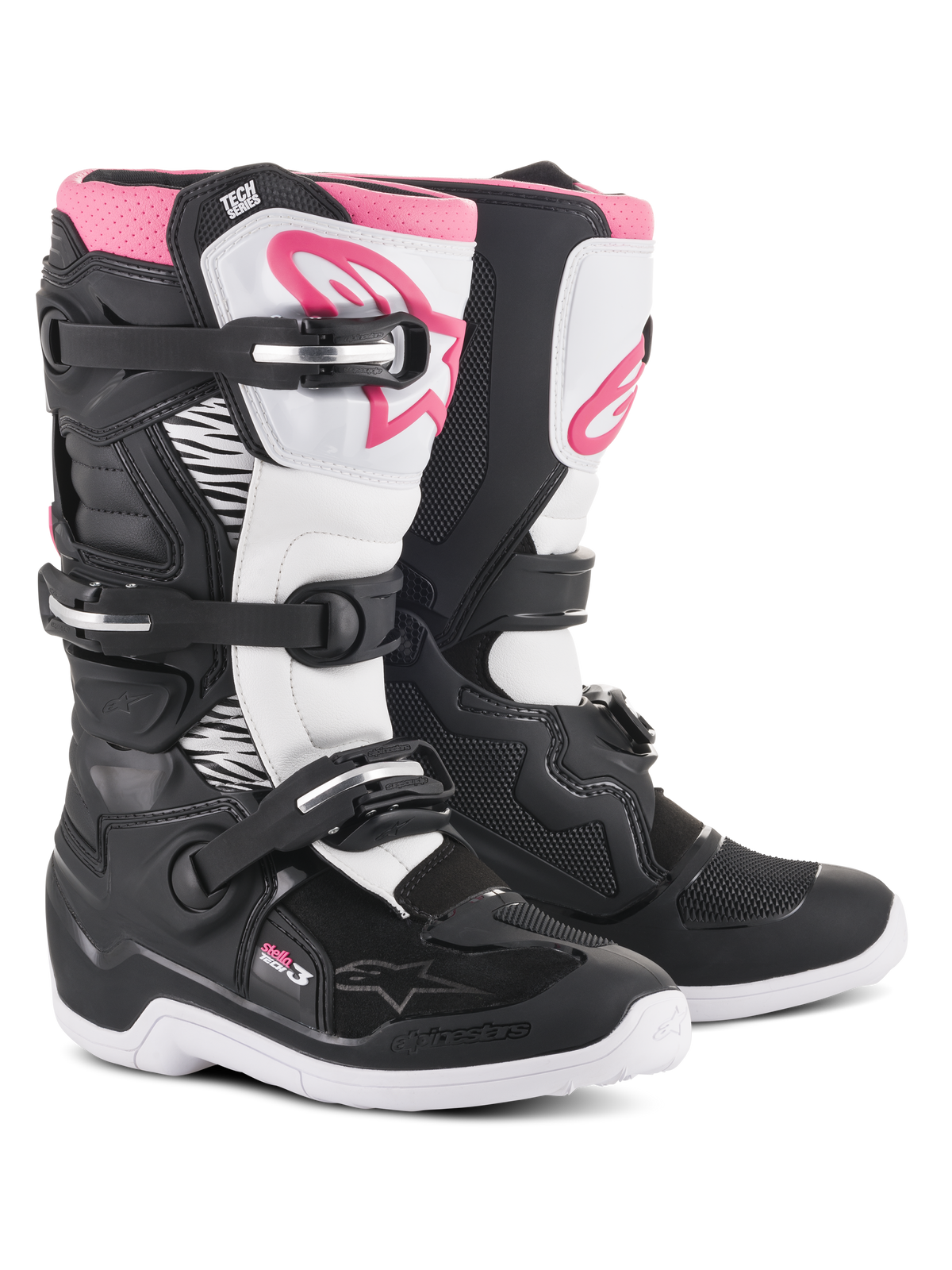 Stivali Alpinestars Stella Tech 3, stivali da motocross da donna, nero, bianco e rosa, con placca tibiale bianca e logo Alpinestars rosa, struttura nera con zone di flessione bianche e chiusura a tre fibbie