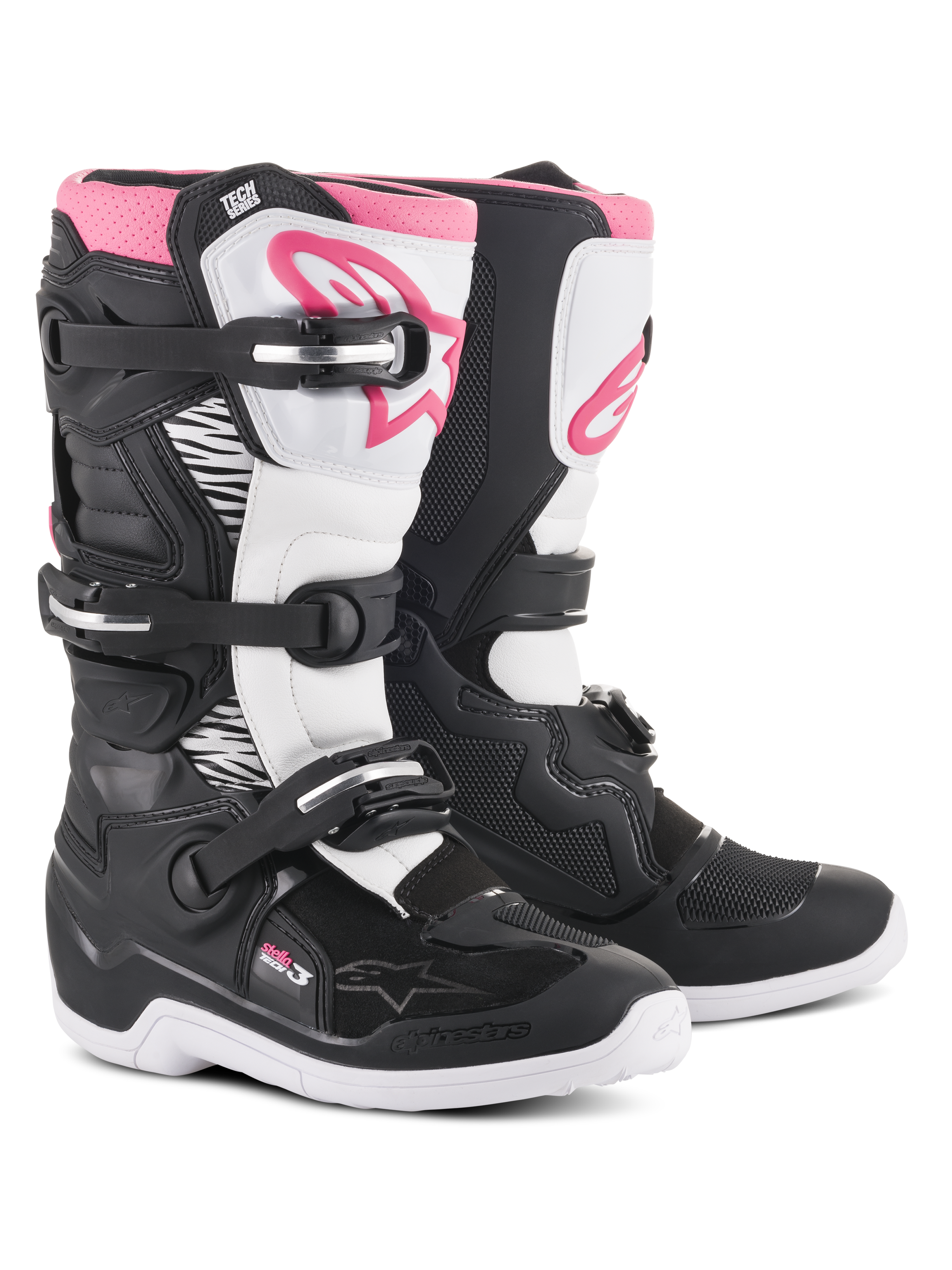 Stivali Alpinestars Stella Tech 3, stivali da motocross da donna, nero, bianco e rosa, con placca tibiale bianca e logo Alpinestars rosa, struttura nera con zone di flessione bianche e chiusura a tre fibbie