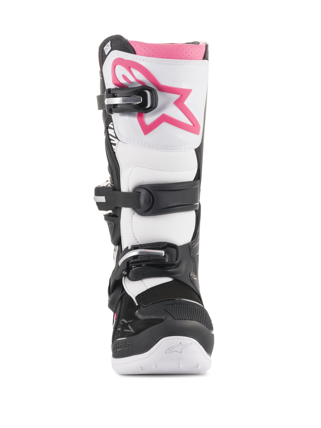 Alpinestars Stivali Stella Tech 3 da donna, stivali da motocross, nero, bianco e rosa, vista frontale con placca tibiale bianca e logo Astars rosa, sistema di chiusura a fibbia nero e bordo superiore rosa, calzatura protettiva resistente per la guida fuoristrada