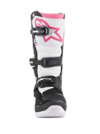 Alpinestars Stivali Stella Tech 3 da donna, stivali da motocross, nero, bianco e rosa, vista frontale con placca tibiale bianca e logo Astars rosa, sistema di chiusura a fibbia nero e bordo superiore rosa, calzatura protettiva resistente per la guida fuoristrada