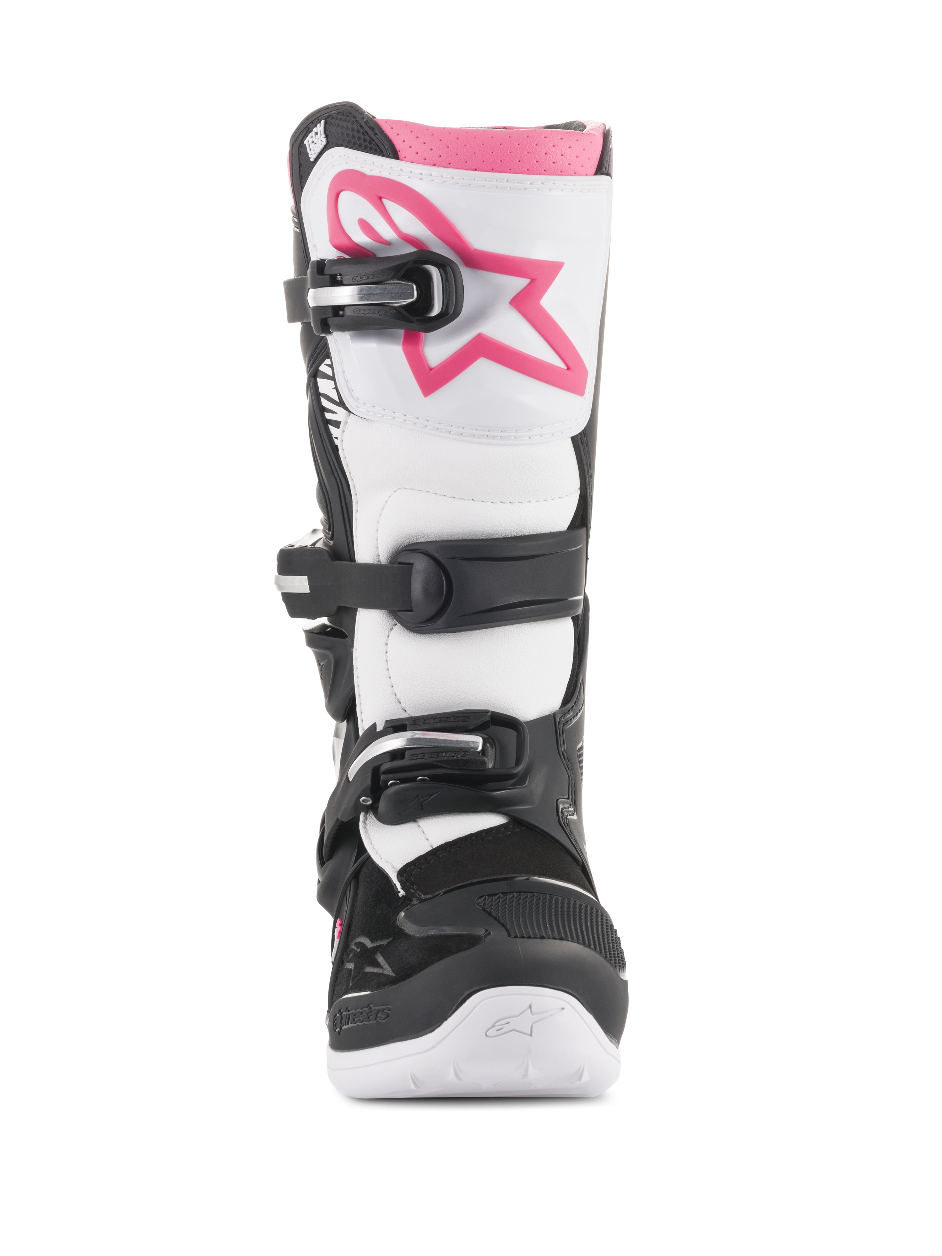 Alpinestars Stivali Stella Tech 3 da donna, stivali da motocross, nero, bianco e rosa, vista frontale con placca tibiale bianca e logo Astars rosa, sistema di chiusura a fibbia nero e bordo superiore rosa, calzatura protettiva resistente per la guida fuoristrada