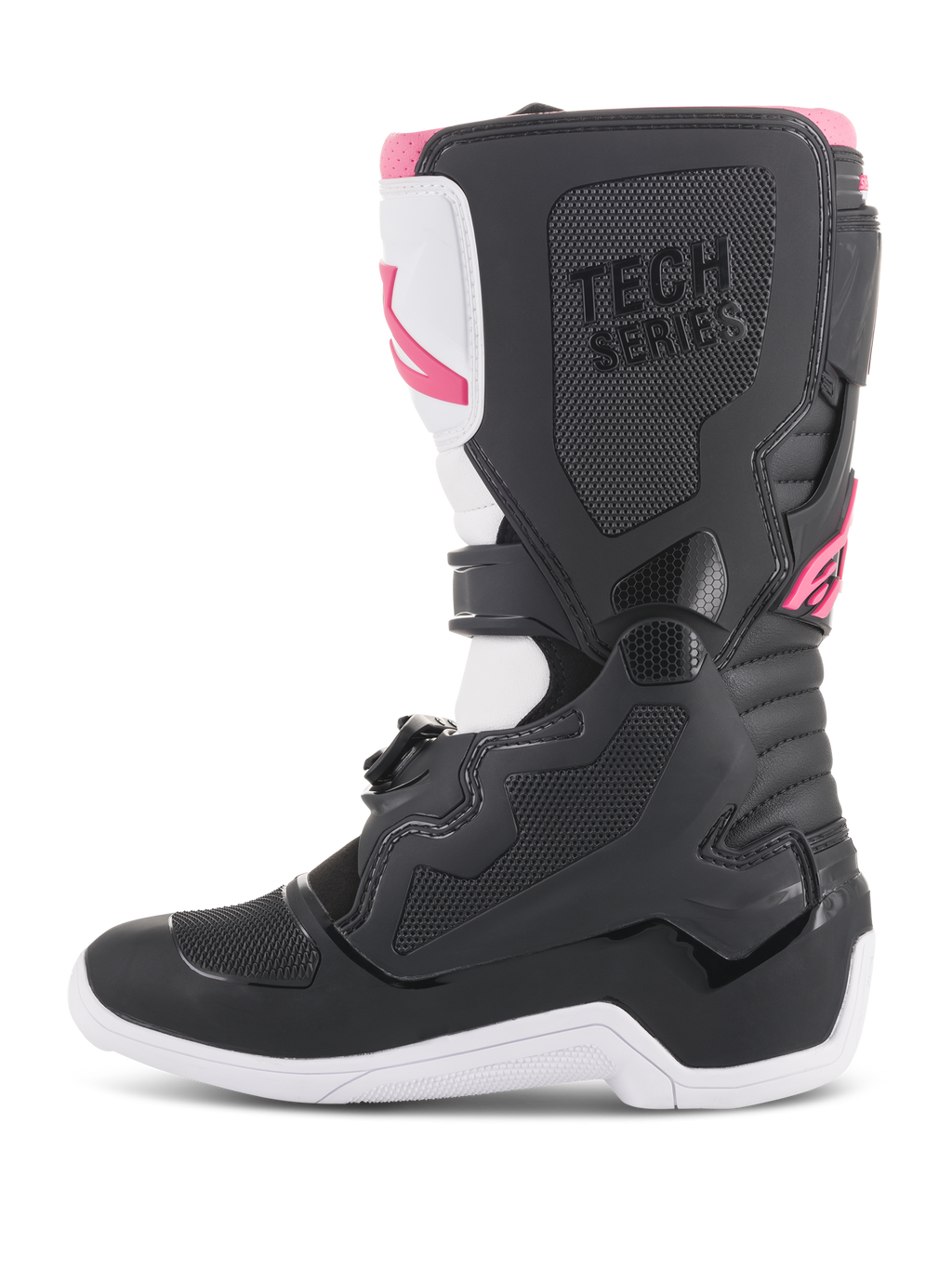 Alpinestars Stivali Stella Tech 3 da donna, stivali da motocross, nero, bianco e rosa, profilo laterale con piastra tibiale protettiva in TPU, pannelli con grip testurizzato e logo 'TECH SERIES' per gare fuoristrada