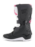 Alpinestars Stivali Stella Tech 3 da donna, stivali da motocross, nero, bianco e rosa, profilo laterale con piastra tibiale protettiva in TPU, pannelli con grip testurizzato e logo 'TECH SERIES' per gare fuoristrada