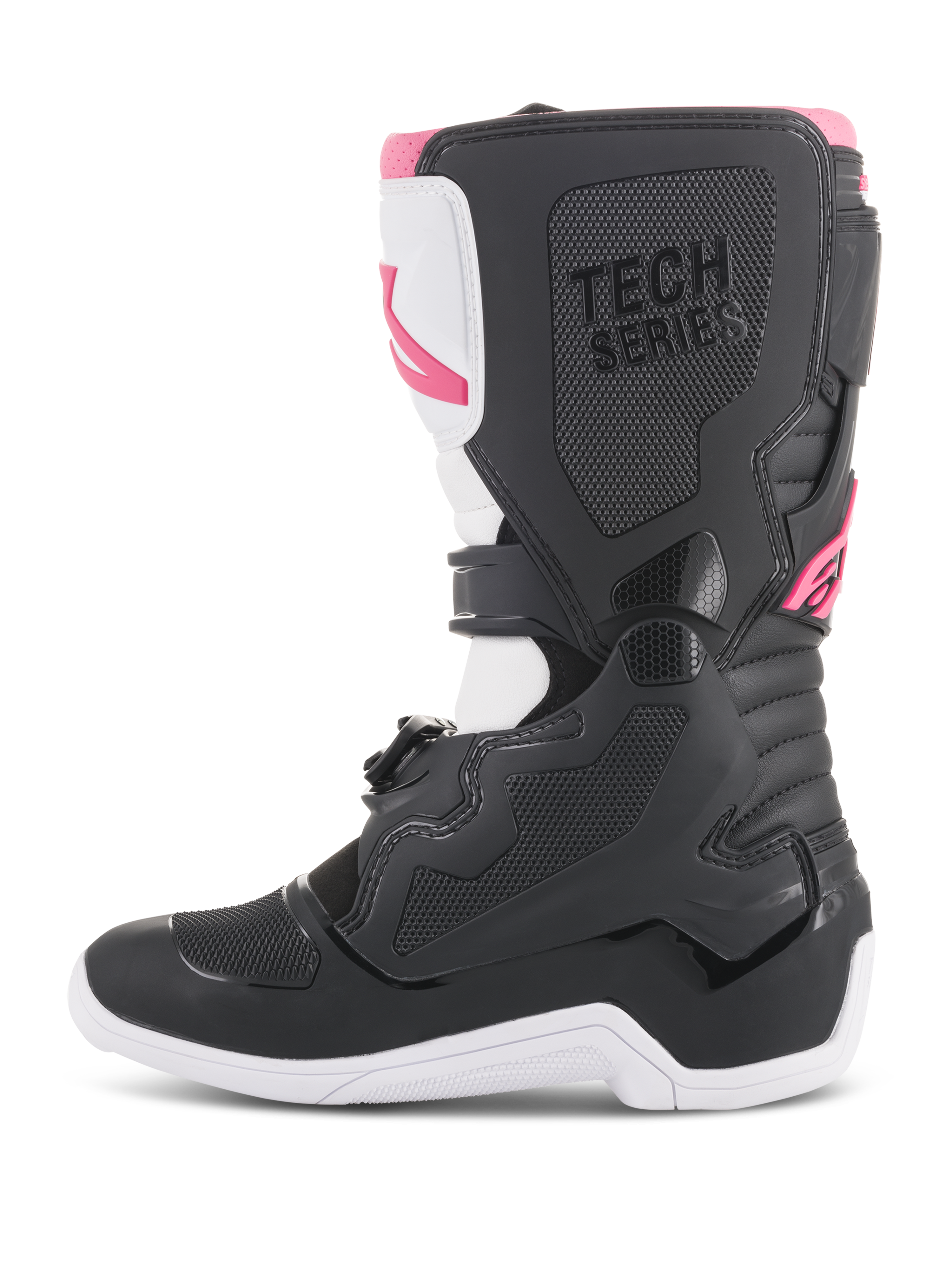Alpinestars Stivali Stella Tech 3 da donna, stivali da motocross, nero, bianco e rosa, profilo laterale con piastra tibiale protettiva in TPU, pannelli con grip testurizzato e logo 'TECH SERIES' per gare fuoristrada