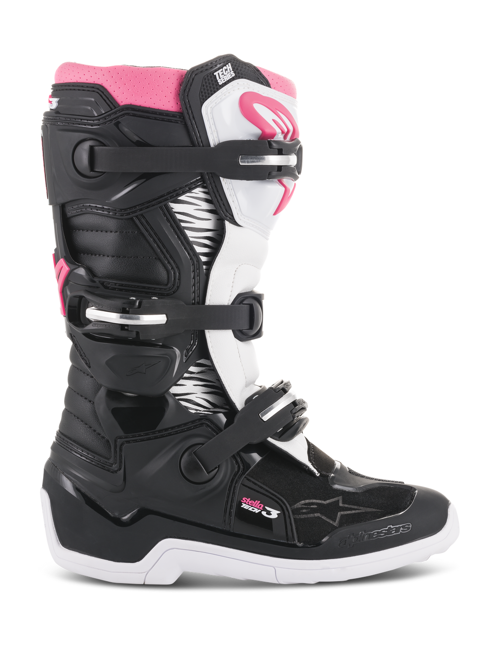 Alpinestars Stella Tech 3 Boots da donna, stivali da motocross, nero, bianco e rosa, vista laterale del profilo con sistema di chiusura a tre fibbie, pannelli con grafica zebrata, protezione tibiale in TPU e suola in gomma bianca per la guida fuoristrada