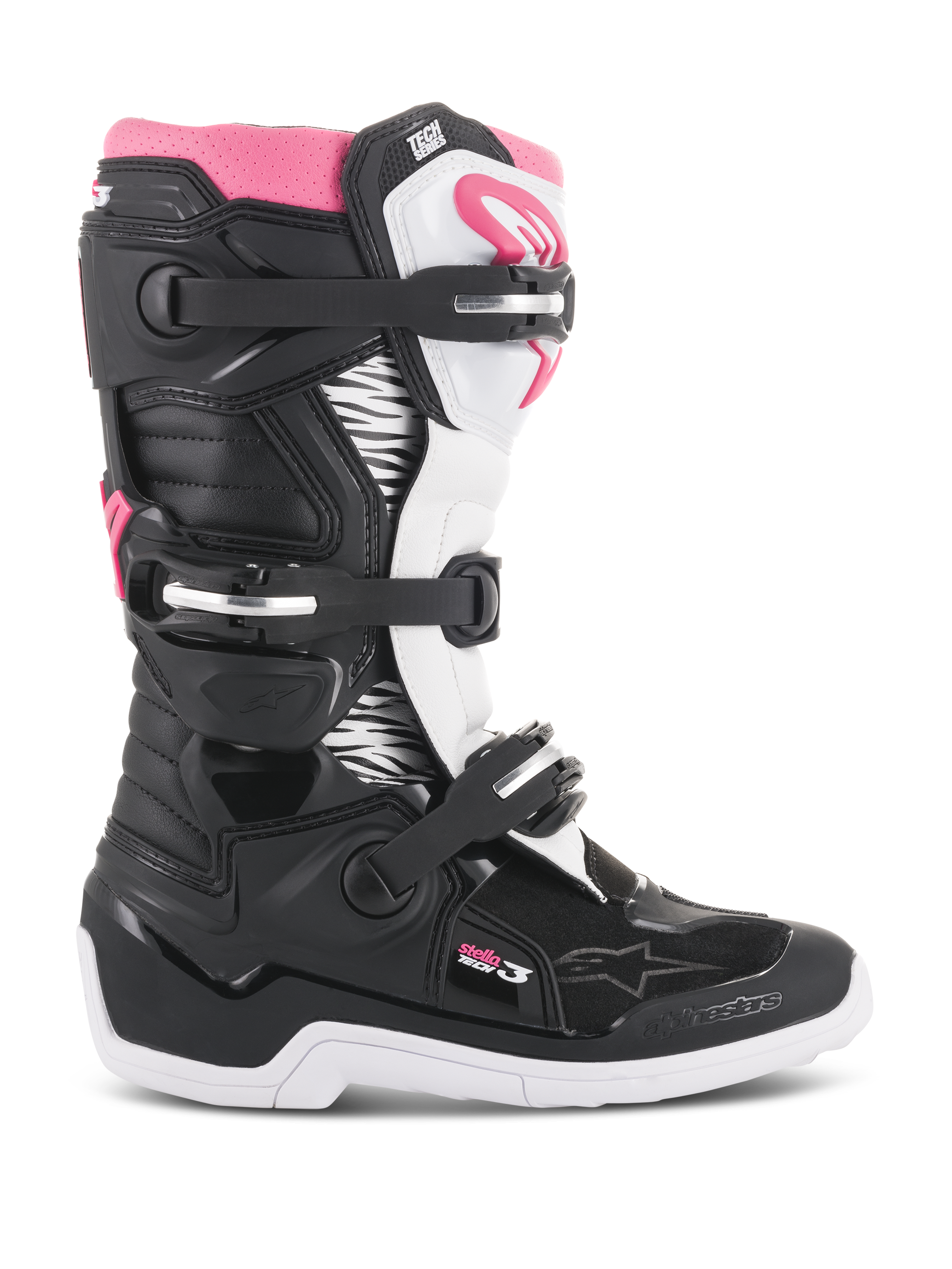 Alpinestars Stella Tech 3 Boots da donna, stivali da motocross, nero, bianco e rosa, vista laterale del profilo con sistema di chiusura a tre fibbie, pannelli con grafica zebrata, protezione tibiale in TPU e suola in gomma bianca per la guida fuoristrada