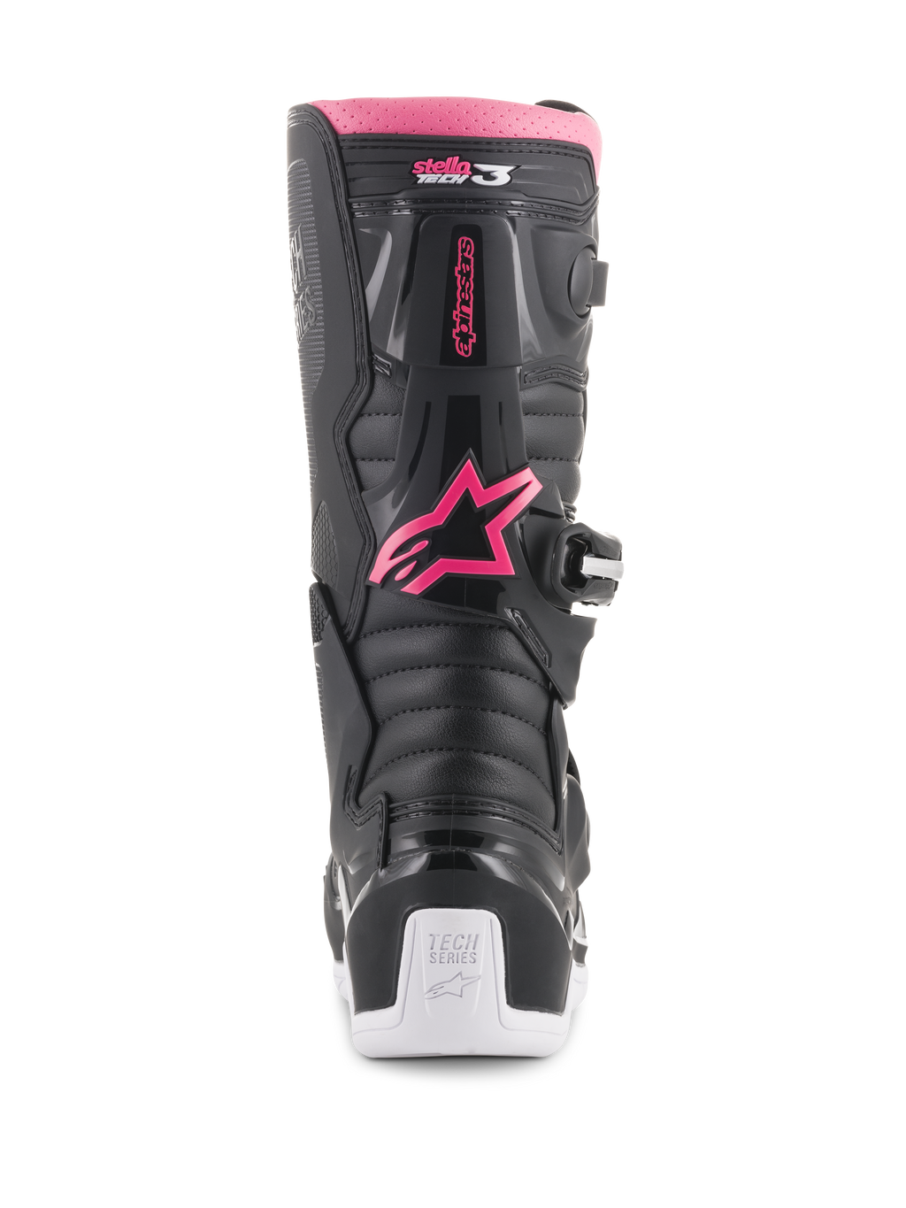 Alpinestars Stivali Stella Tech 3 da donna, stivali da motocross, nero, bianco e rosa, vista posteriore con logo a stella Alpinestars rosa, bordo superiore rosa, pannelli neri testurizzati e tallone bianco con marchio Tech Series