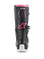 Alpinestars Stivali Stella Tech 3 da donna, stivali da motocross, nero, bianco e rosa, vista posteriore con logo a stella Alpinestars rosa, bordo superiore rosa, pannelli neri testurizzati e tallone bianco con marchio Tech Series