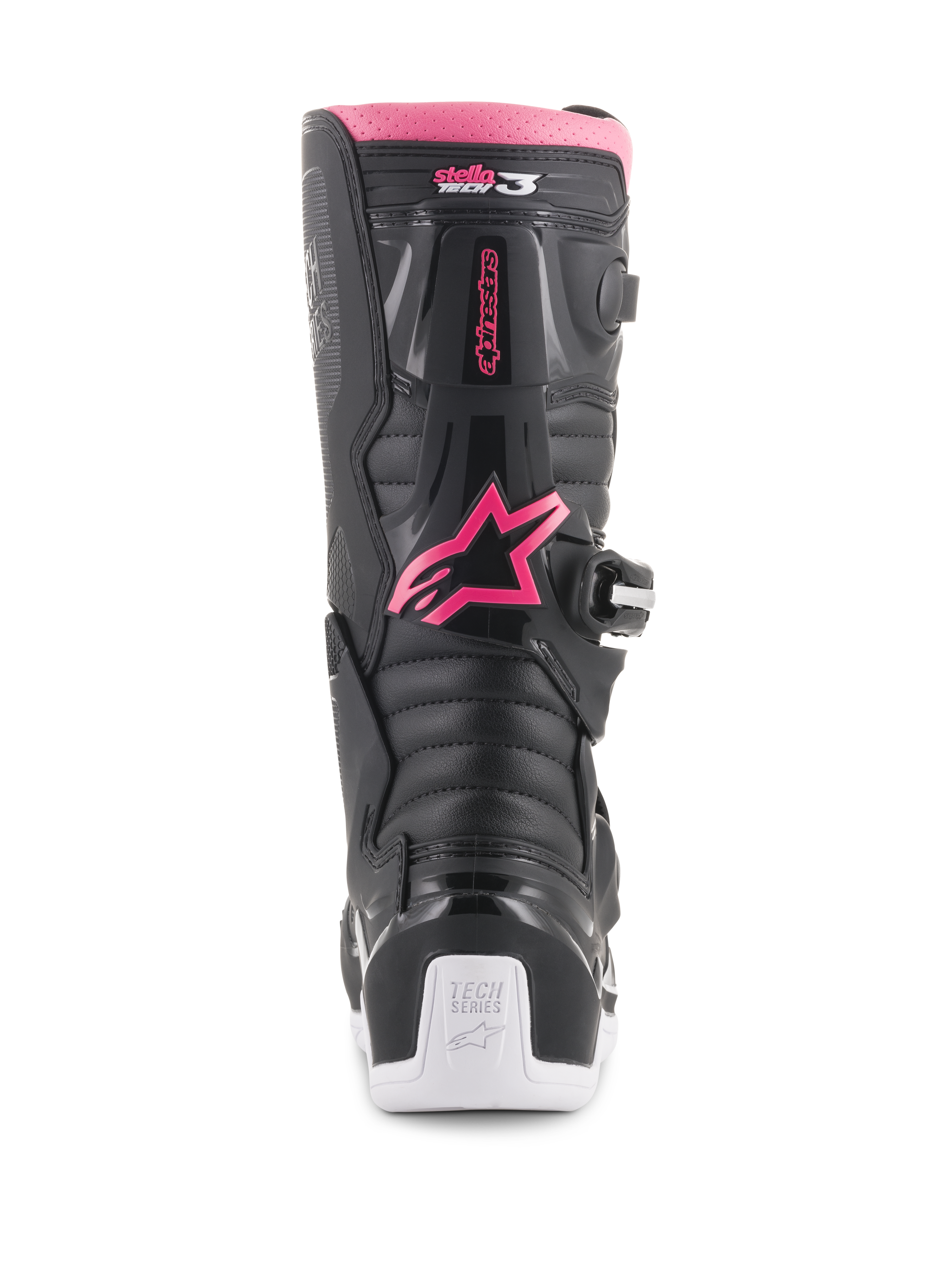Alpinestars Stivali Stella Tech 3 da donna, stivali da motocross, nero, bianco e rosa, vista posteriore con logo a stella Alpinestars rosa, bordo superiore rosa, pannelli neri testurizzati e tallone bianco con marchio Tech Series