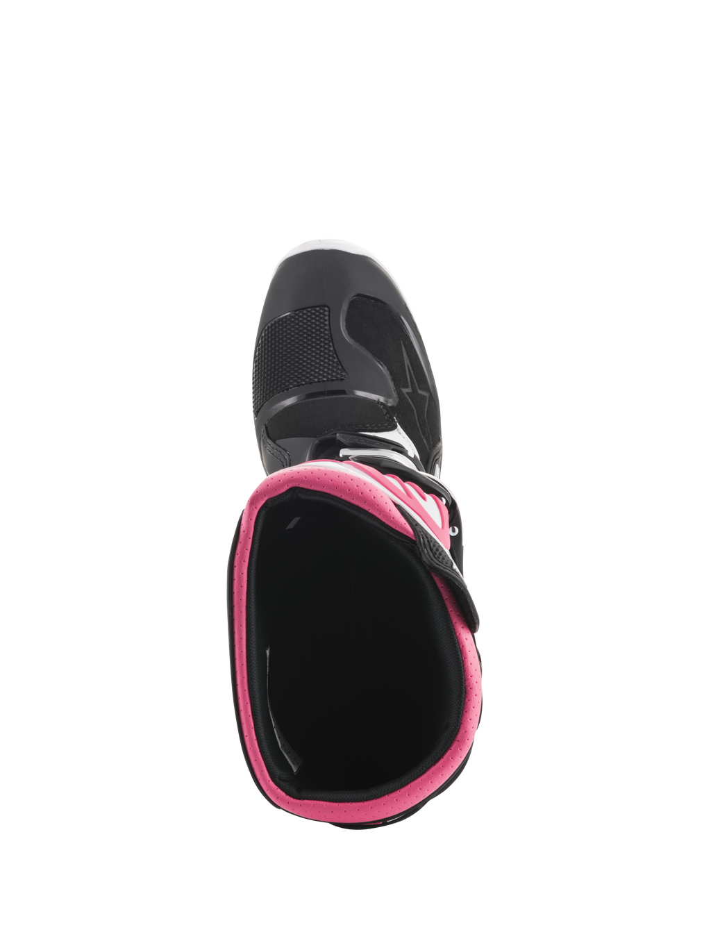 Alpinestars Stivali Stella Tech 3 da donna, stivali da motocross, nero, bianco e rosa, vista dall'alto che mostra il colletto interno rosa e la protezione della punta, calzature resistenti per gare fuoristrada