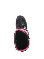Alpinestars Stivali Stella Tech 3 da donna, stivali da motocross, nero, bianco e rosa, vista dall'alto che mostra il colletto interno rosa e la protezione della punta, calzature resistenti per gare fuoristrada