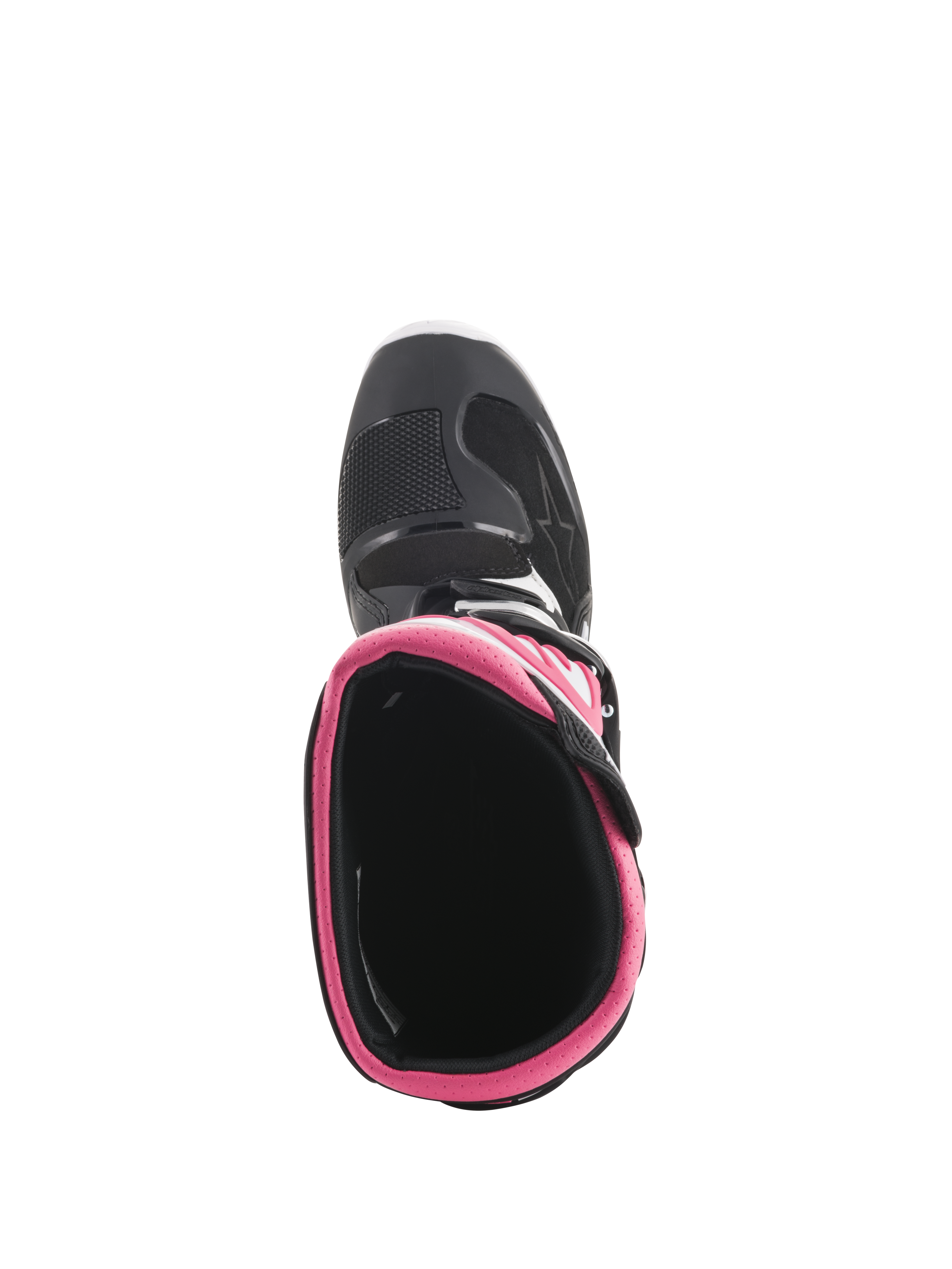 Alpinestars Stivali Stella Tech 3 da donna, stivali da motocross, nero, bianco e rosa, vista dall'alto che mostra il colletto interno rosa e la protezione della punta, calzature resistenti per gare fuoristrada