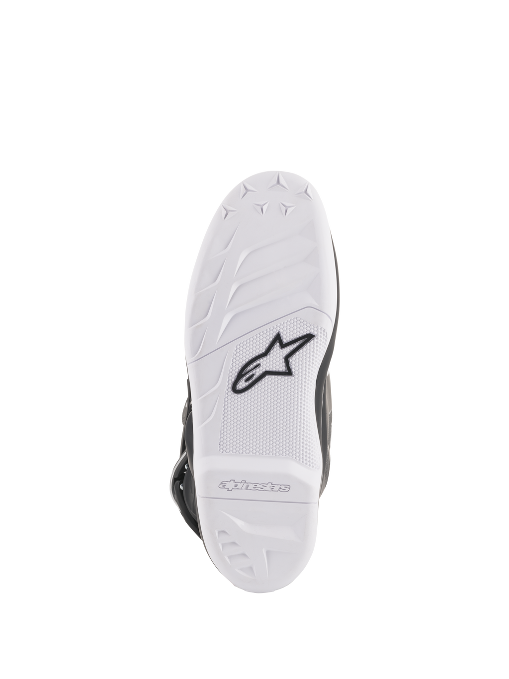 Stivali Alpinestars Stella Tech 3 da donna, vista della suola, mescola di gomma bianca con logo Astar nero, motivi di grip testurizzati e marchio in rilievo, suola per stivali da motocross durevole e sostituibile