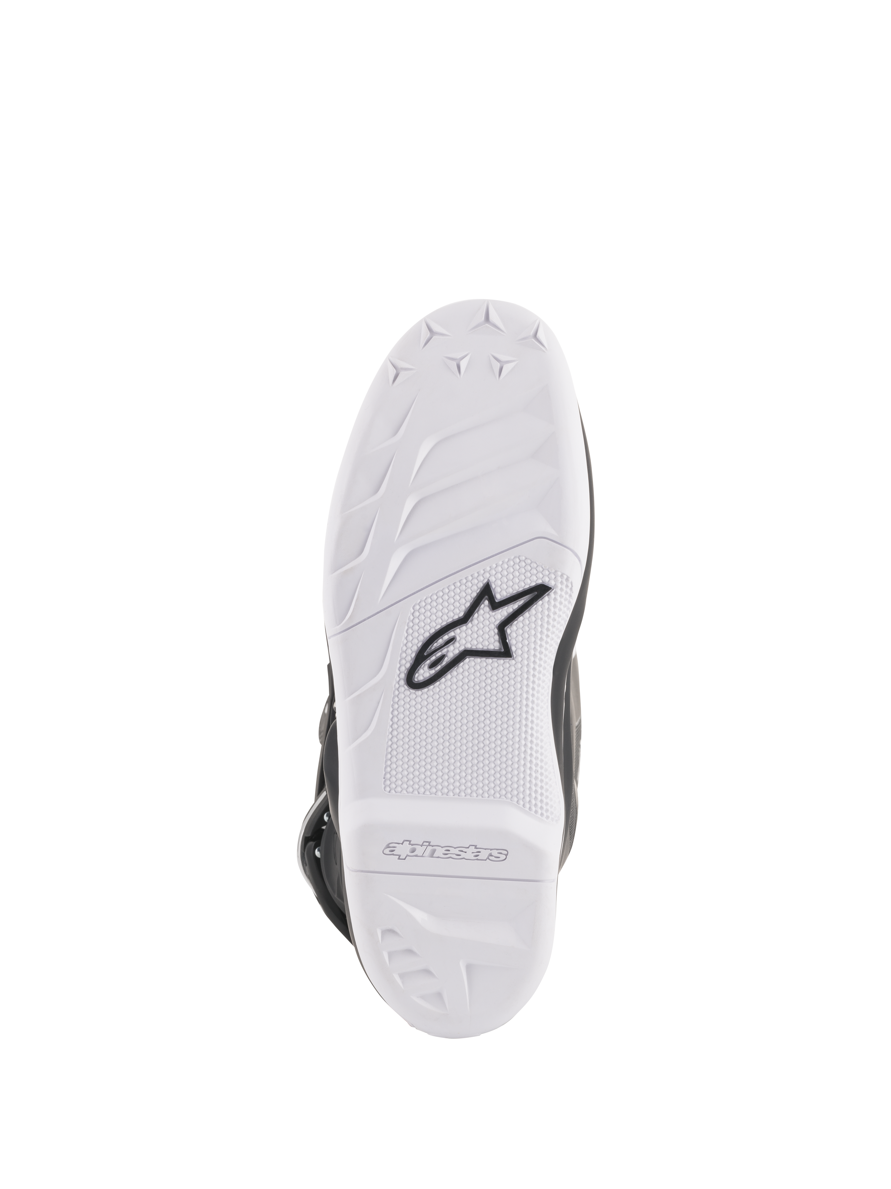 Stivali Alpinestars Stella Tech 3 da donna, vista della suola, mescola di gomma bianca con logo Astar nero, motivi di grip testurizzati e marchio in rilievo, suola per stivali da motocross durevole e sostituibile