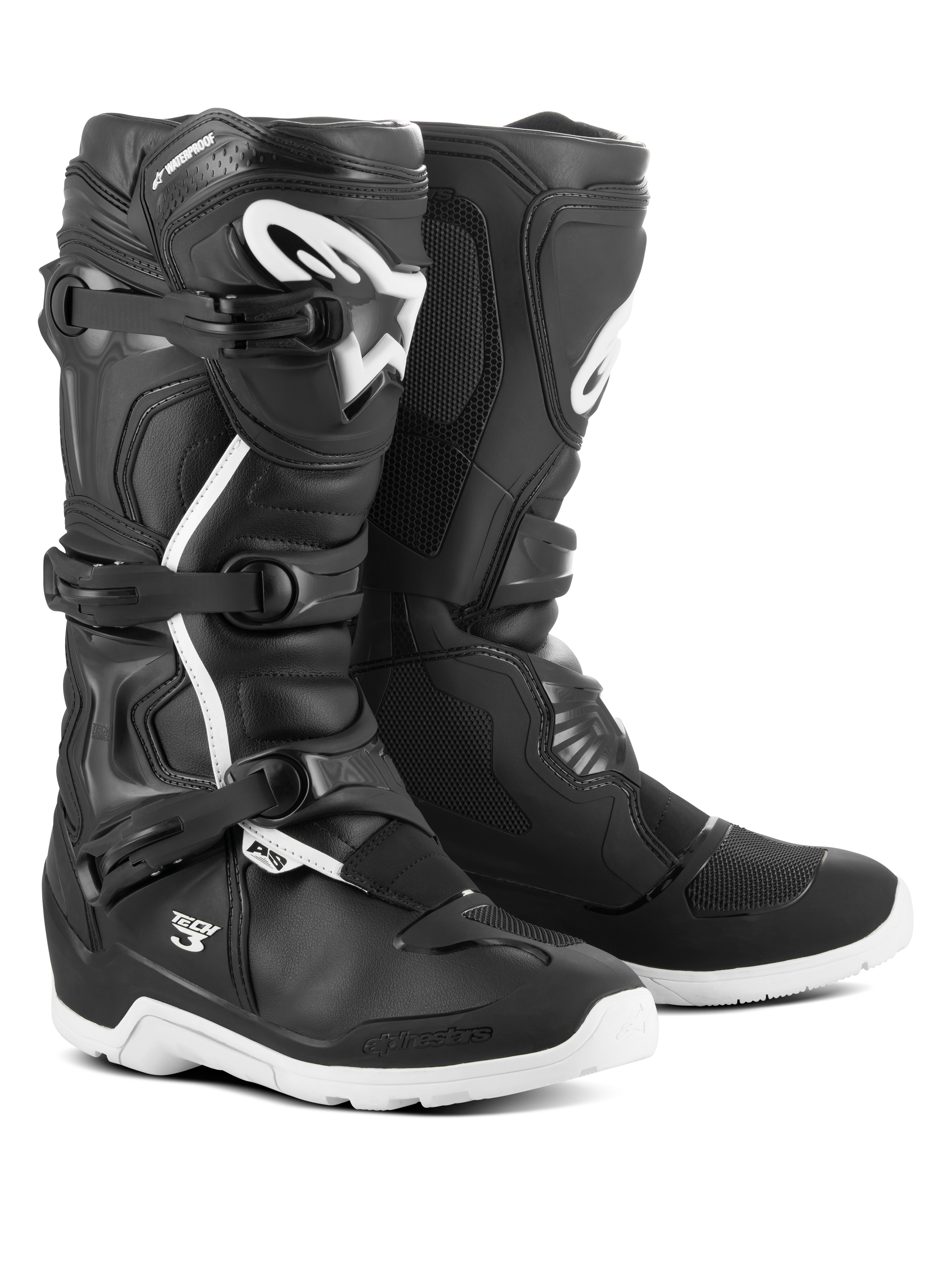 Stivali Alpinestars Tech 3 Enduro Waterproof, stivali da motocross e off-road, nero e bianco, sistema di chiusura a tre fibbie, logo in TPU bianco sullo stinco, protezioni rinforzate per caviglia e tallone, resistenti suole bianche