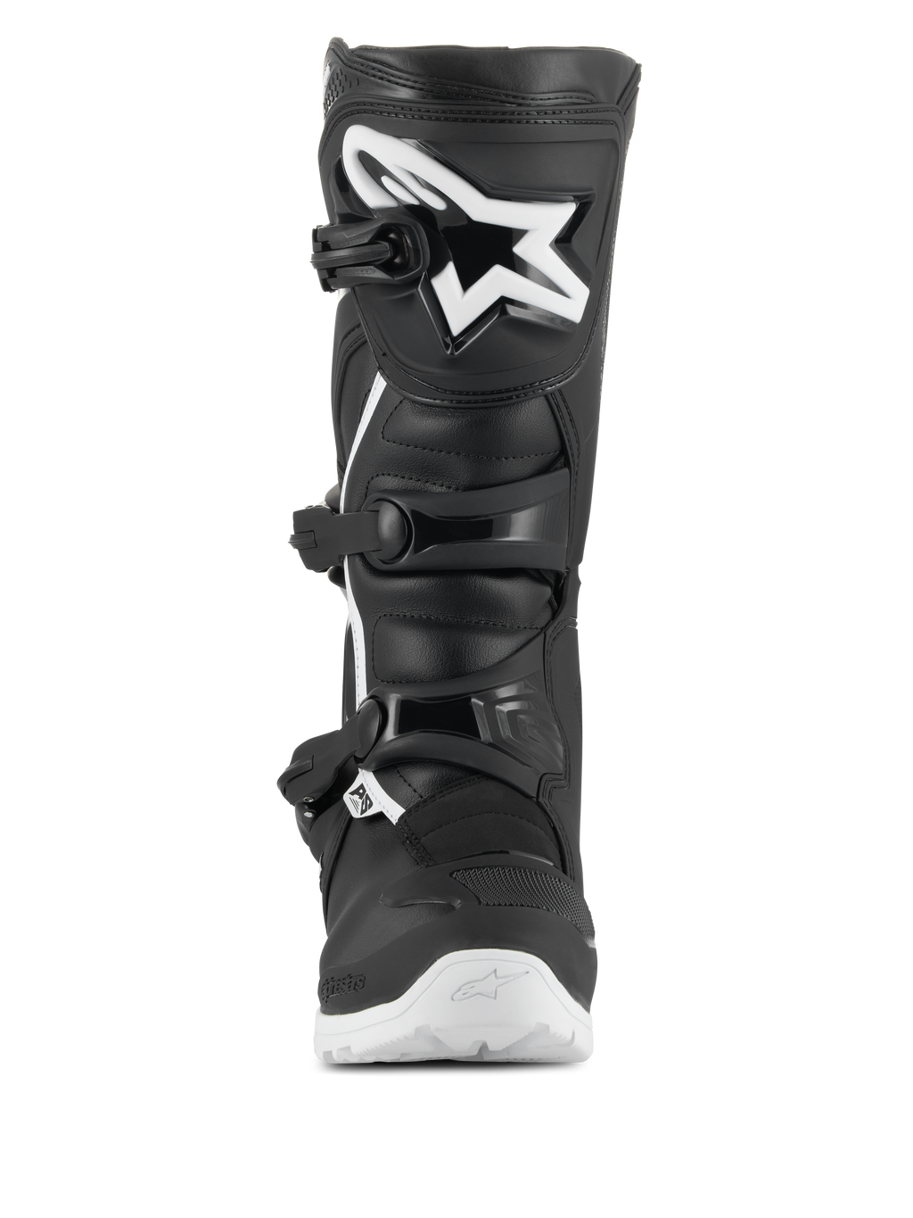 Stivali Alpinestars Tech 3 Enduro Waterproof, stivali da motocross ed enduro, nero e bianco, vista frontale con grande logo a stella bianco sulla piastra tibiale in TPU, sistema di chiusura a tre fibbie e robusta suola bianca per trazione fuoristrada.