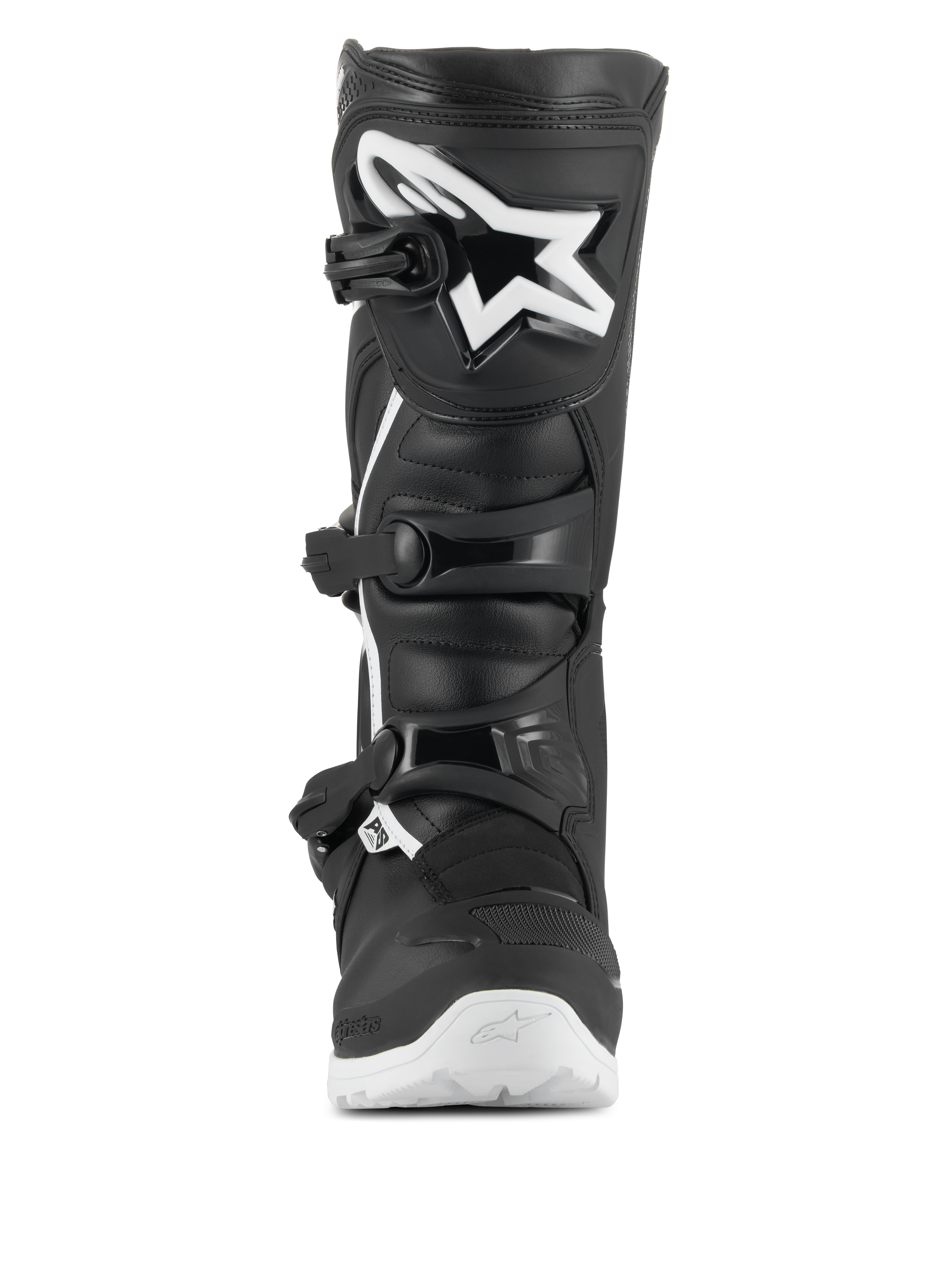 Stivali Alpinestars Tech 3 Enduro Waterproof, stivali da motocross ed enduro, nero e bianco, vista frontale con grande logo a stella bianco sulla piastra tibiale in TPU, sistema di chiusura a tre fibbie e robusta suola bianca per trazione fuoristrada.