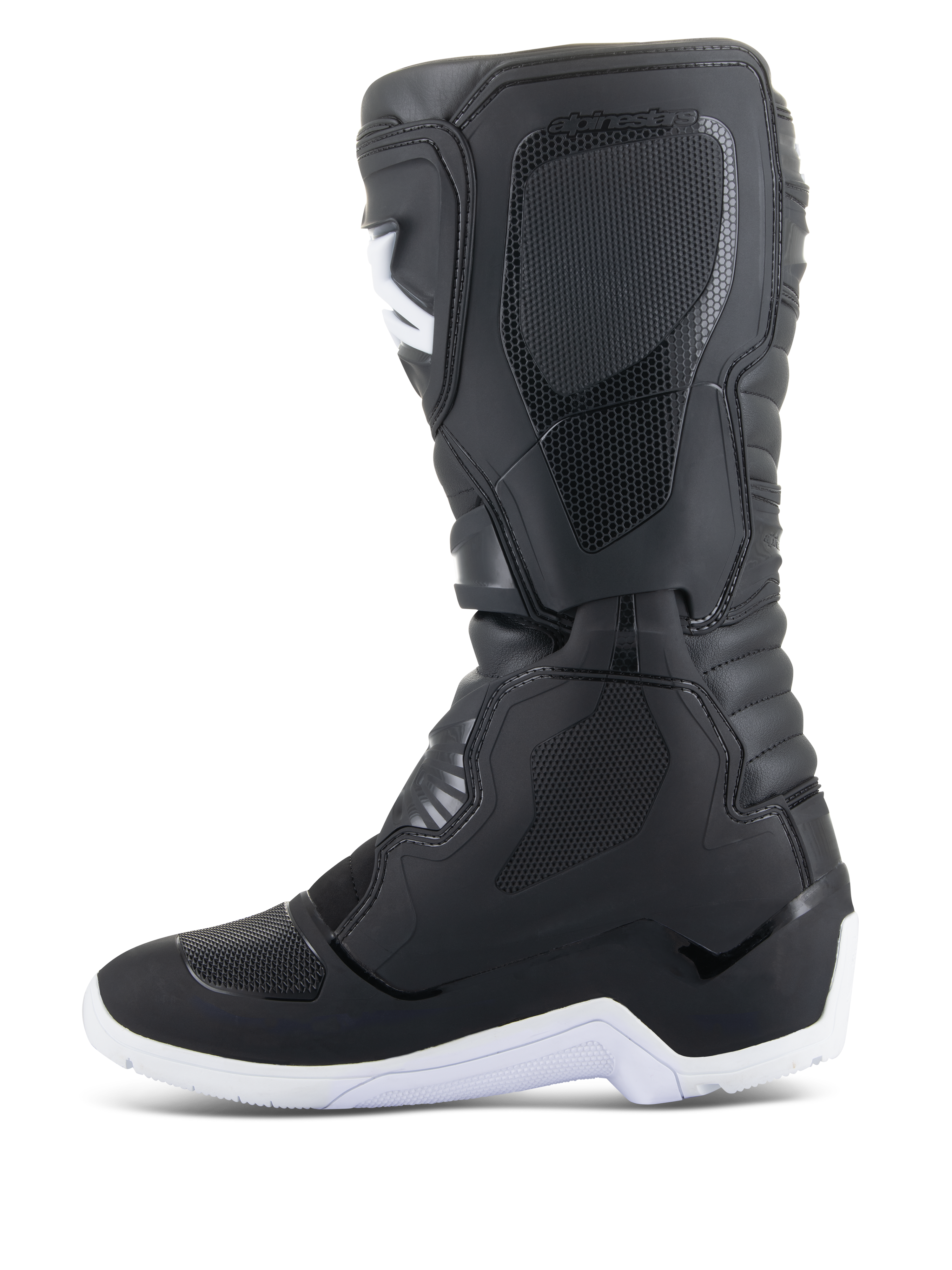 Alpinestars Tech 3 Enduro Waterproof Boots, stivali da motocross ed enduro, nero e bianco, vista di profilo laterale con pannelli protettivi testurizzati, suola bianca robusta e tomaia sintetica impermeabile per la guida off-road