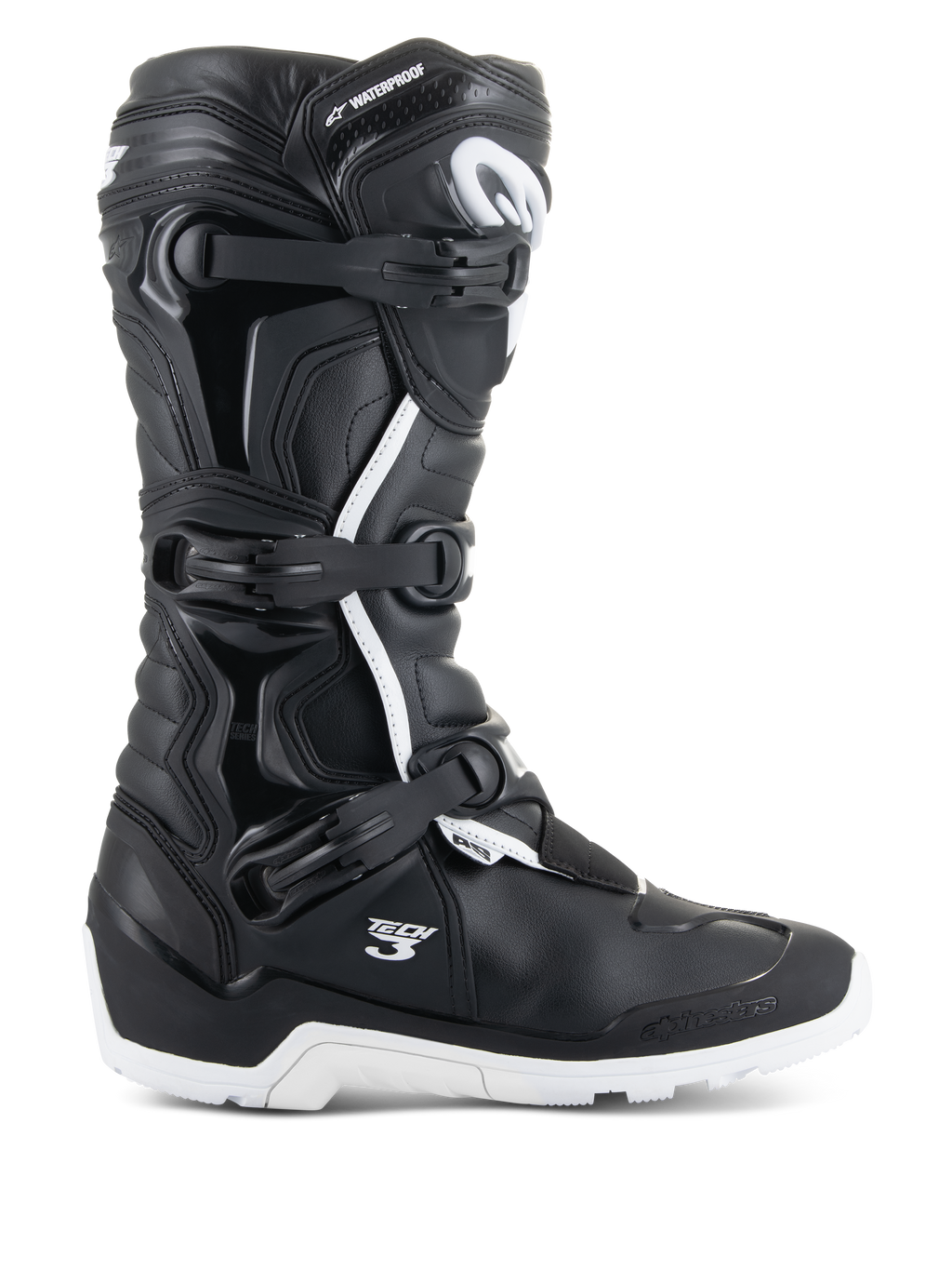 Stivali Alpinestars Tech 3 Enduro Waterproof, vista di profilo, nero e bianco, sistema di chiusura a tripla fibbia, pannelli protettivi in TPU rinforzato, suola bianca tassellata, loghi 'Tech 3' e 'Waterproof', calzature da moto resistenti per fuoristrada e adventure