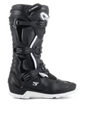Stivali Alpinestars Tech 3 Enduro Waterproof, vista di profilo, nero e bianco, sistema di chiusura a tripla fibbia, pannelli protettivi in TPU rinforzato, suola bianca tassellata, loghi 'Tech 3' e 'Waterproof', calzature da moto resistenti per fuoristrada e adventure