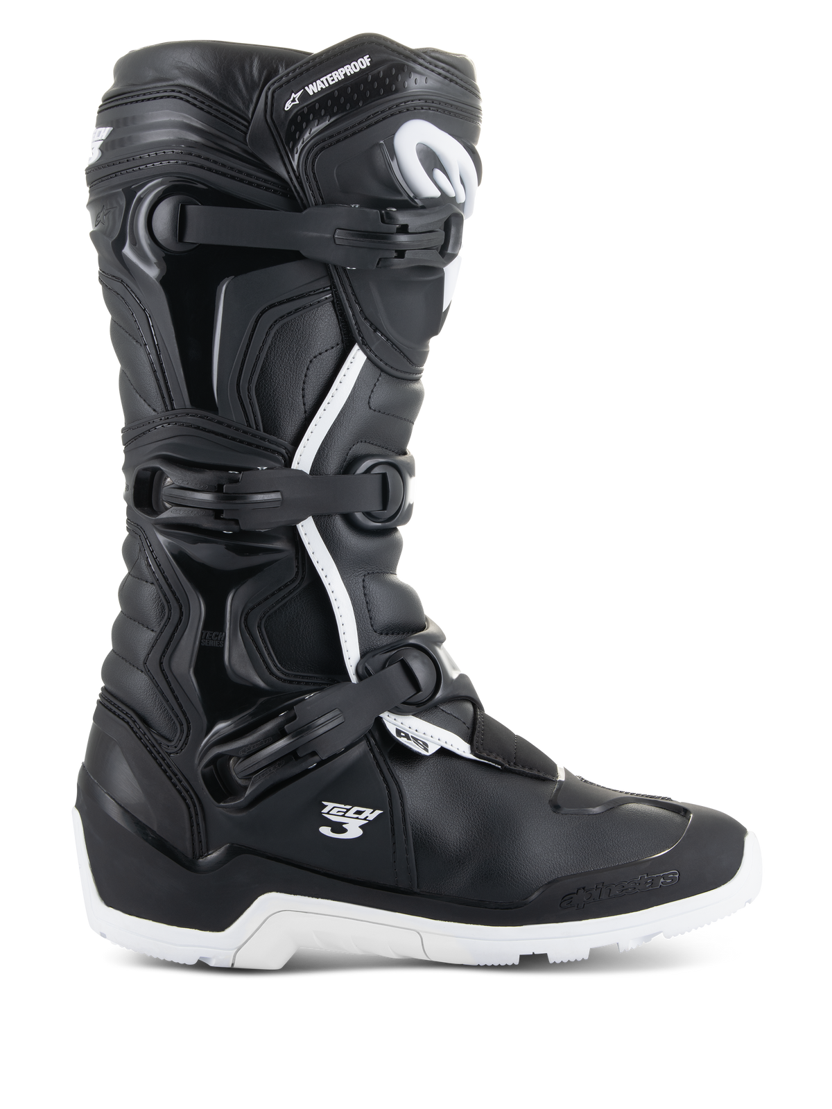 Stivali Alpinestars Tech 3 Enduro Waterproof, vista di profilo, nero e bianco, sistema di chiusura a tripla fibbia, pannelli protettivi in TPU rinforzato, suola bianca tassellata, loghi 'Tech 3' e 'Waterproof', calzature da moto resistenti per fuoristrada e adventure