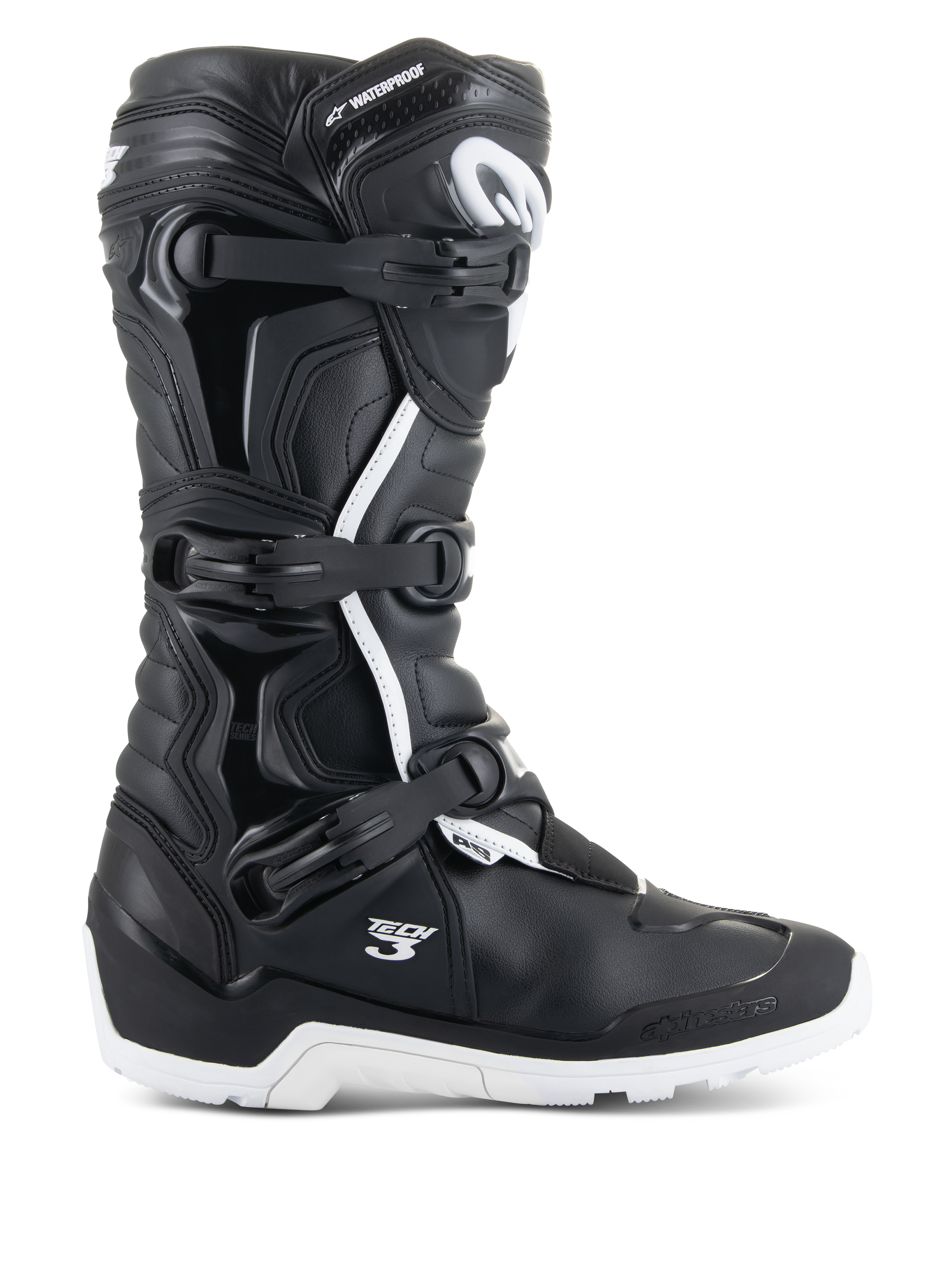 Stivali Alpinestars Tech 3 Enduro Waterproof, vista di profilo, nero e bianco, sistema di chiusura a tripla fibbia, pannelli protettivi in TPU rinforzato, suola bianca tassellata, loghi 'Tech 3' e 'Waterproof', calzature da moto resistenti per fuoristrada e adventure