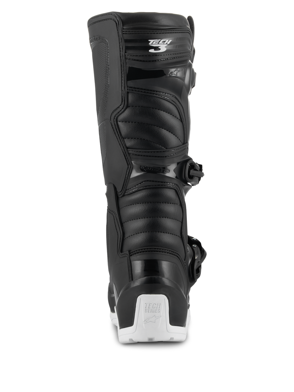 Stivali Alpinestars Tech 3 Enduro Waterproof, stivali da motocross ed enduro, nero e bianco, vista posteriore con logo Tech 3 sul polpaccio, pannelli flessibili a fisarmonica e protezione per il tallone bianca con marchio Tech Series, progettati per la guida fuoristrada e adventure