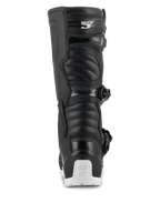 Stivali Alpinestars Tech 3 Enduro Waterproof, stivali da motocross ed enduro, nero e bianco, vista posteriore con logo Tech 3 sul polpaccio, pannelli flessibili a fisarmonica e protezione per il tallone bianca con marchio Tech Series, progettati per la guida fuoristrada e adventure