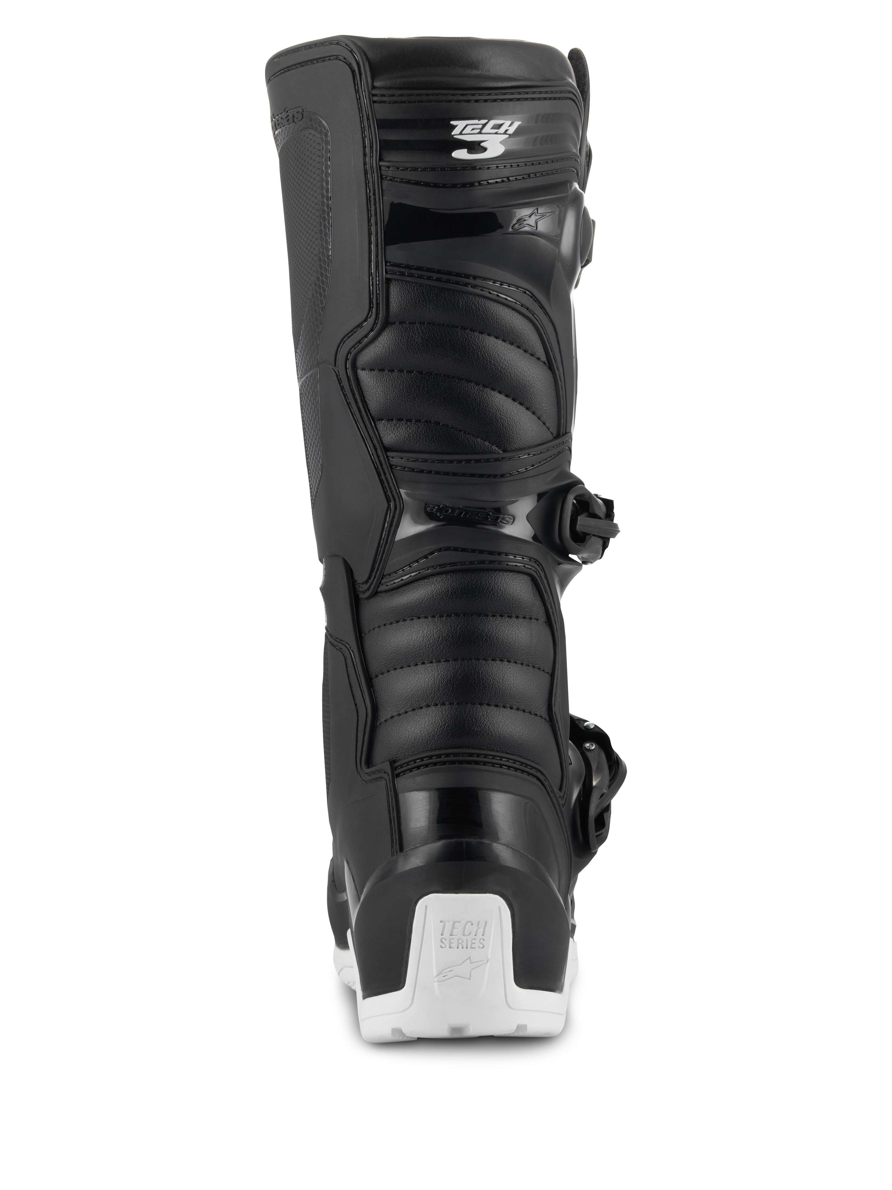 Stivali Alpinestars Tech 3 Enduro Waterproof, stivali da motocross ed enduro, nero e bianco, vista posteriore con logo Tech 3 sul polpaccio, pannelli flessibili a fisarmonica e protezione per il tallone bianca con marchio Tech Series, progettati per la guida fuoristrada e adventure