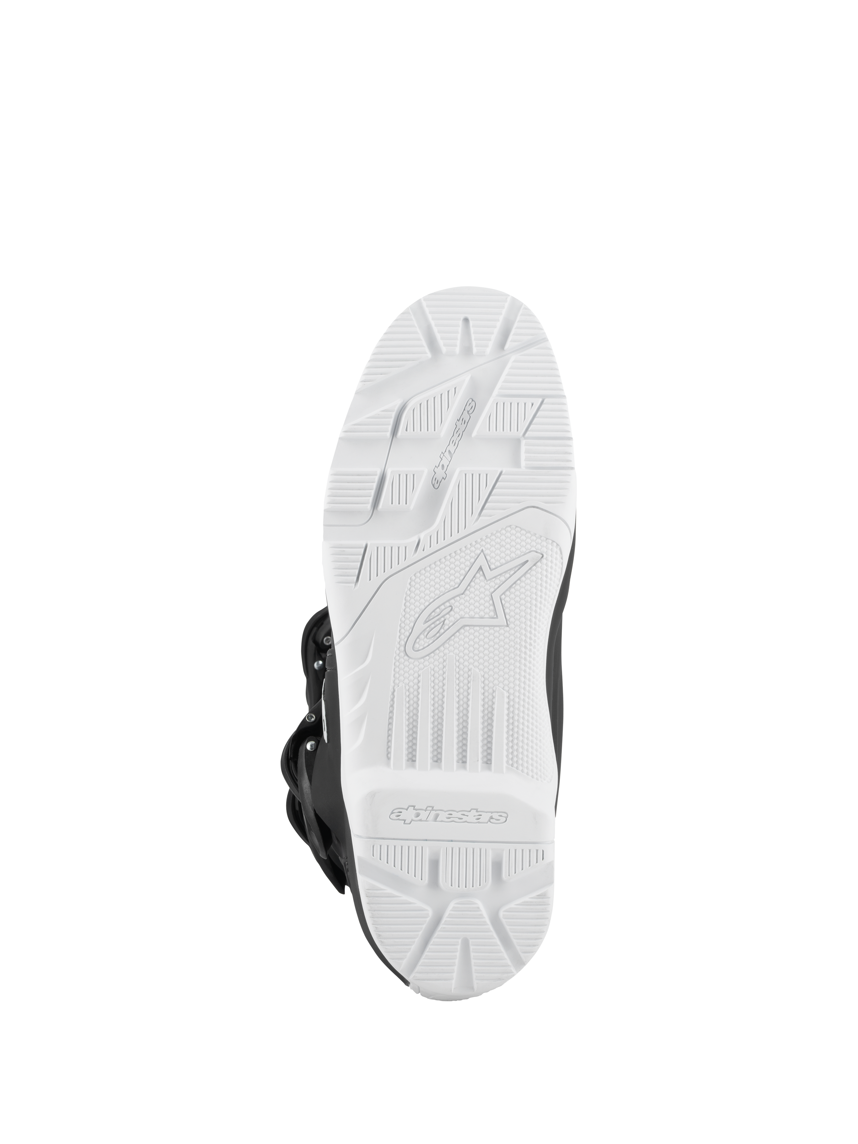 Alpinestars Tech 3 Enduro Waterproof Boots, nero e bianco, vista dal basso della suola bianca tassellata ad alta aderenza, battistrada per trazione off-road con logo in rilievo, suola esterna resistente progettata per prestazioni motocross ed enduro