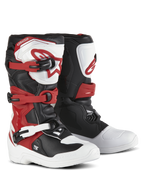 Stivali Alpinestars Youth Tech 3S, stivali da motocross, bianco, nero e rosso acceso, sistema di chiusura a tre fibbie, piastra tibiale in TPU con logo Alpinestars, resistente tomaia in microfibra e scafo rinforzato per prestazioni fuoristrada