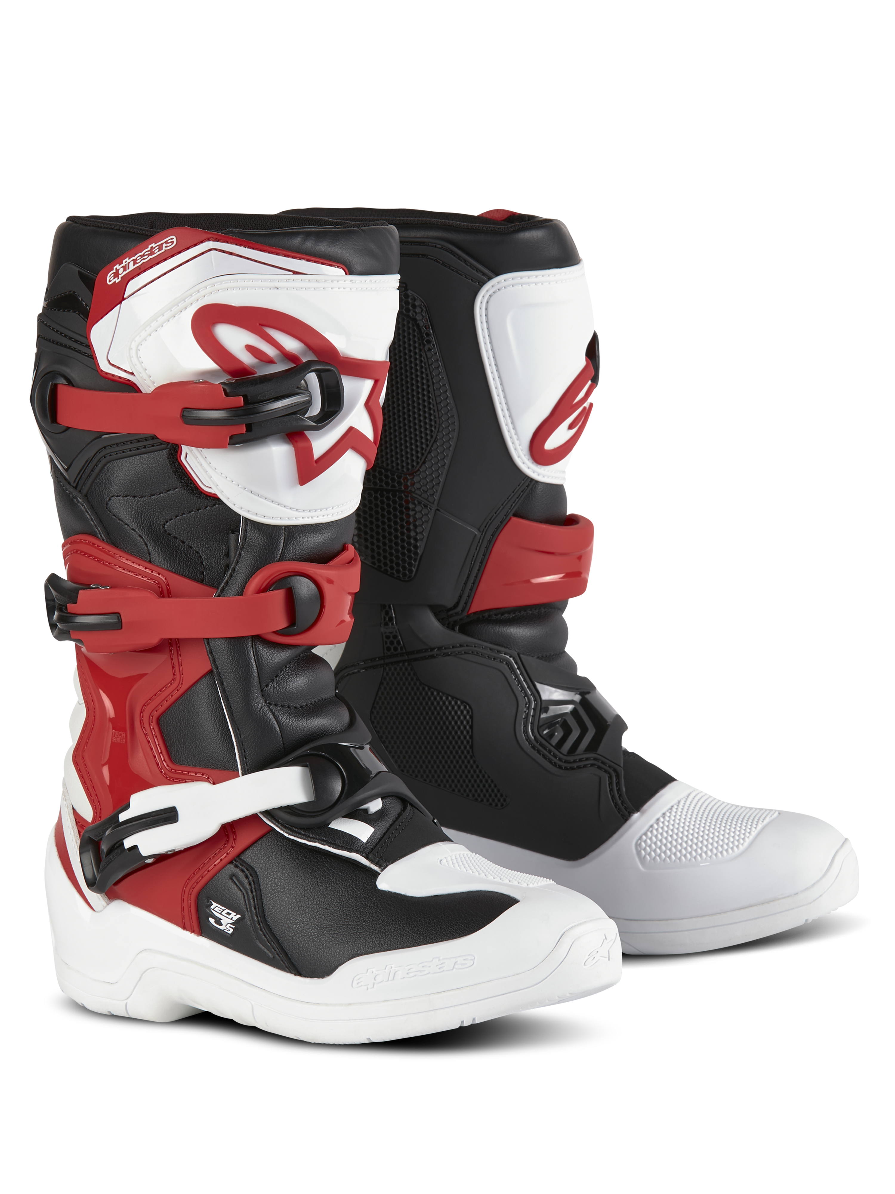 Stivali Alpinestars Youth Tech 3S, stivali da motocross, bianco, nero e rosso acceso, sistema di chiusura a tre fibbie, piastra tibiale in TPU con logo Alpinestars, resistente tomaia in microfibra e scafo rinforzato per prestazioni fuoristrada