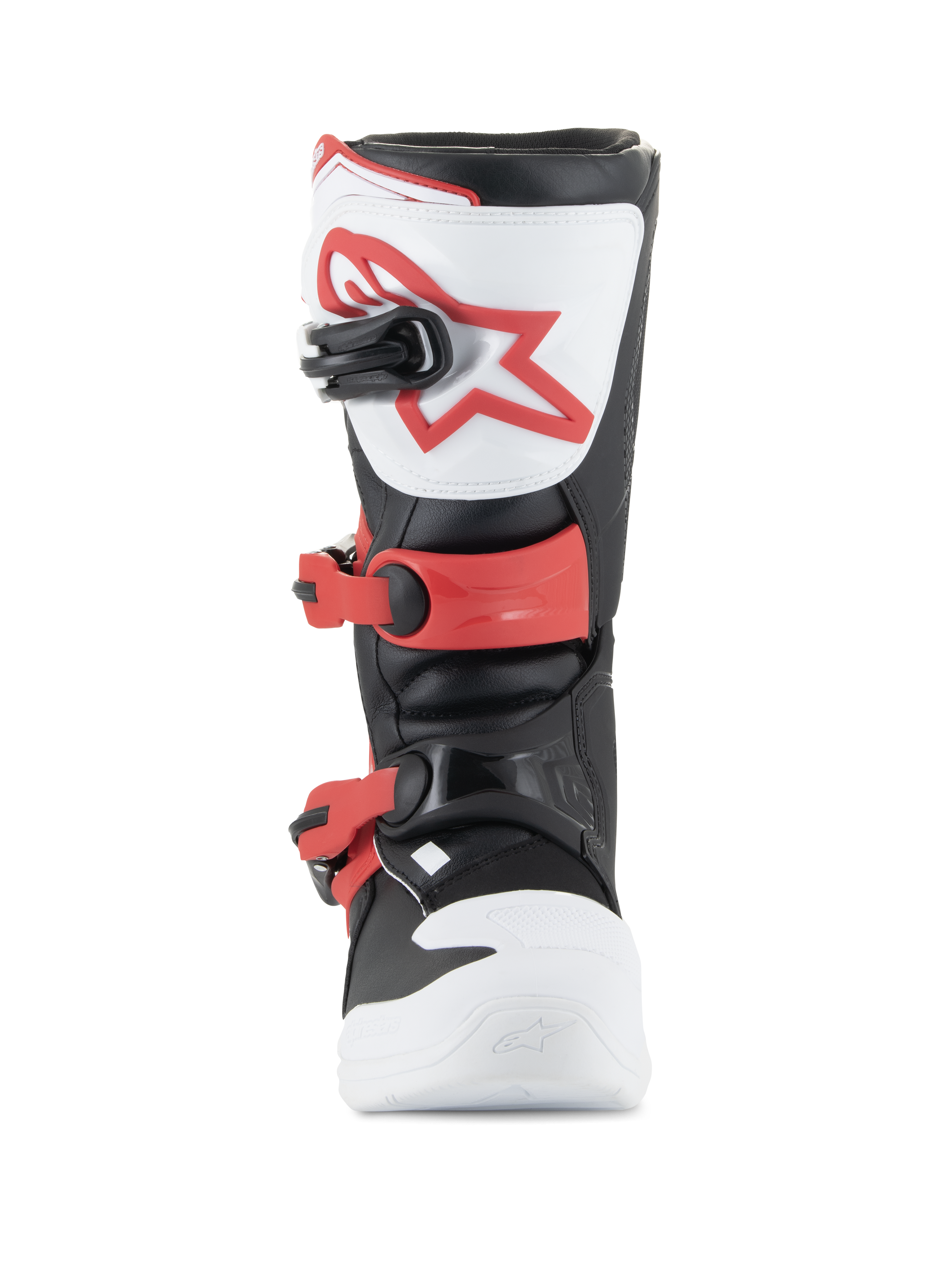 Stivali Alpinestars Youth Tech 3S, stivali da motocross, bianco, nero e rosso acceso, vista frontale con piastra parastinchi in TPU e logo rosso, fibbie rosse regolabili e struttura in microfibra resistente per giovani piloti