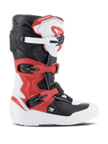 Stivali Alpinestars Youth Tech 3S, stivali da motocross, bianco, nero e rosso acceso, vista laterale, con sistema di chiusura a fibbie multiple, piastra tibiale rinforzata e suola bianca resistente, equipaggiamento protettivo da fuoristrada per ragazzi