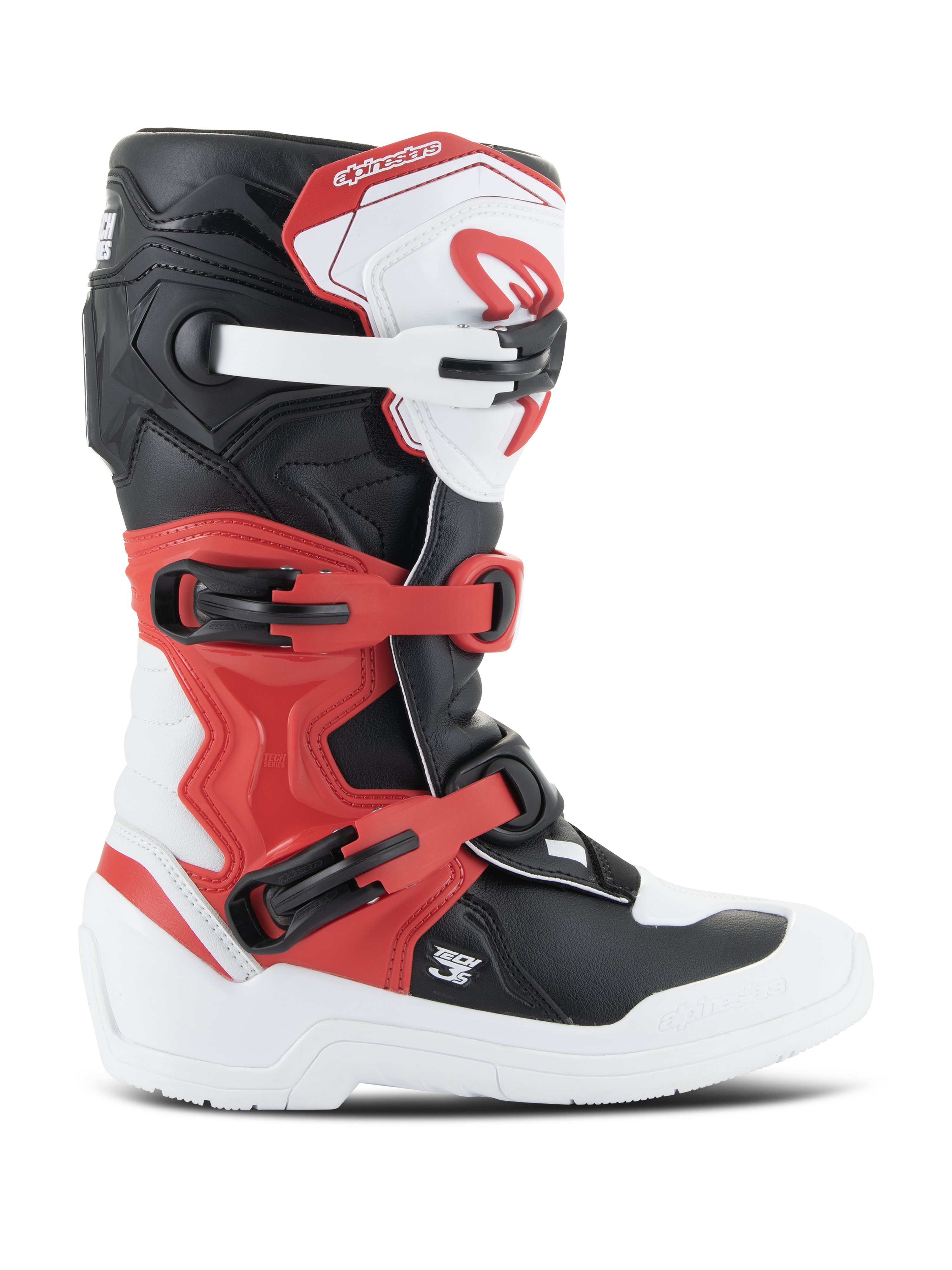 Stivali Alpinestars Youth Tech 3S, stivali da motocross, bianco, nero e rosso acceso, vista laterale, con sistema di chiusura a fibbie multiple, piastra tibiale rinforzata e suola bianca resistente, equipaggiamento protettivo da fuoristrada per ragazzi