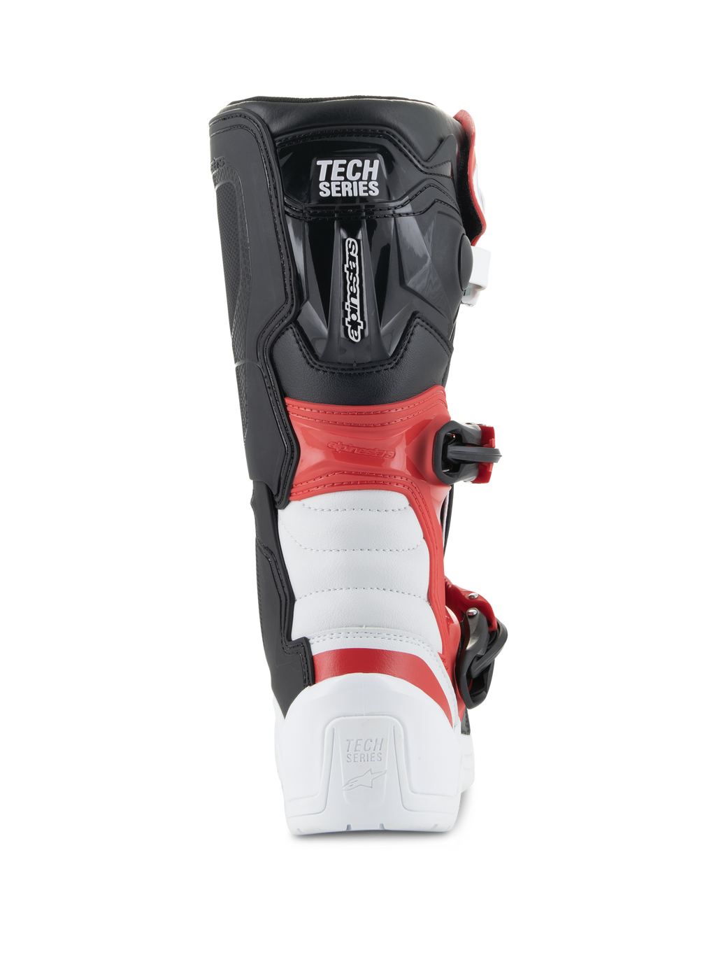 Stivali Alpinestars Youth Tech 3S, stivali da motocross, bianco, nero e rosso acceso, vista posteriore con logo 'TECH SERIES', protezione rinforzata su tallone e polpaccio, robusta struttura in microfibra per gare fuoristrada