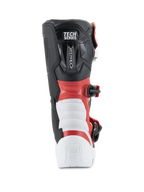 Stivali Alpinestars Youth Tech 3S, stivali da motocross, bianco, nero e rosso acceso, vista posteriore con logo 'TECH SERIES', protezione rinforzata su tallone e polpaccio, robusta struttura in microfibra per gare fuoristrada