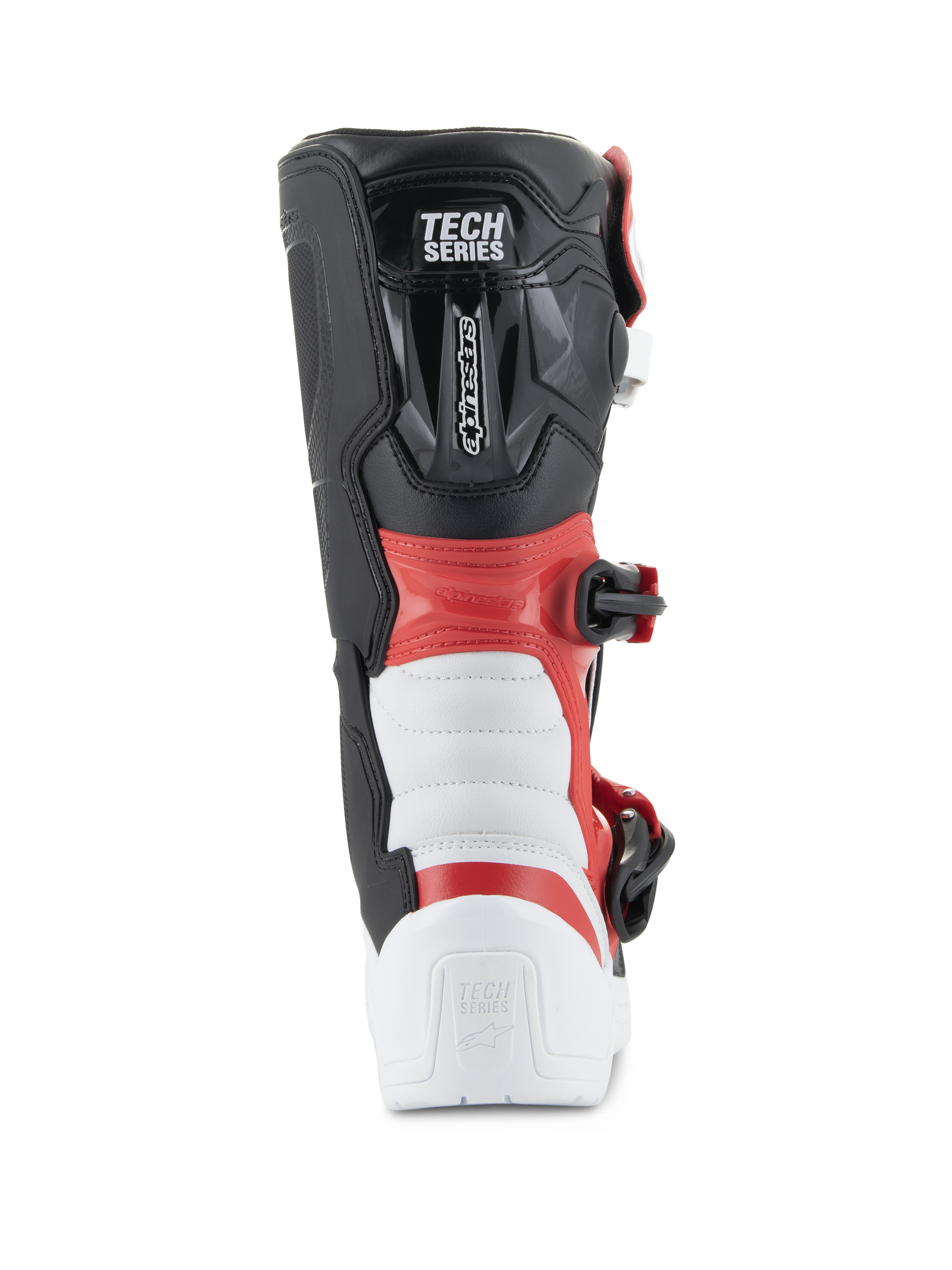 Stivali Alpinestars Youth Tech 3S, stivali da motocross, bianco, nero e rosso acceso, vista posteriore con logo 'TECH SERIES', protezione rinforzata su tallone e polpaccio, robusta struttura in microfibra per gare fuoristrada