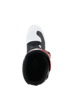 Alpinestars Youth Tech 3S Boots, stivali da motocross, bianco, nero e rosso acceso, vista dall'alto verso l'interno dello stivale, con punta bianca, accenti neri e cinturino rosso, progettati per giovani piloti