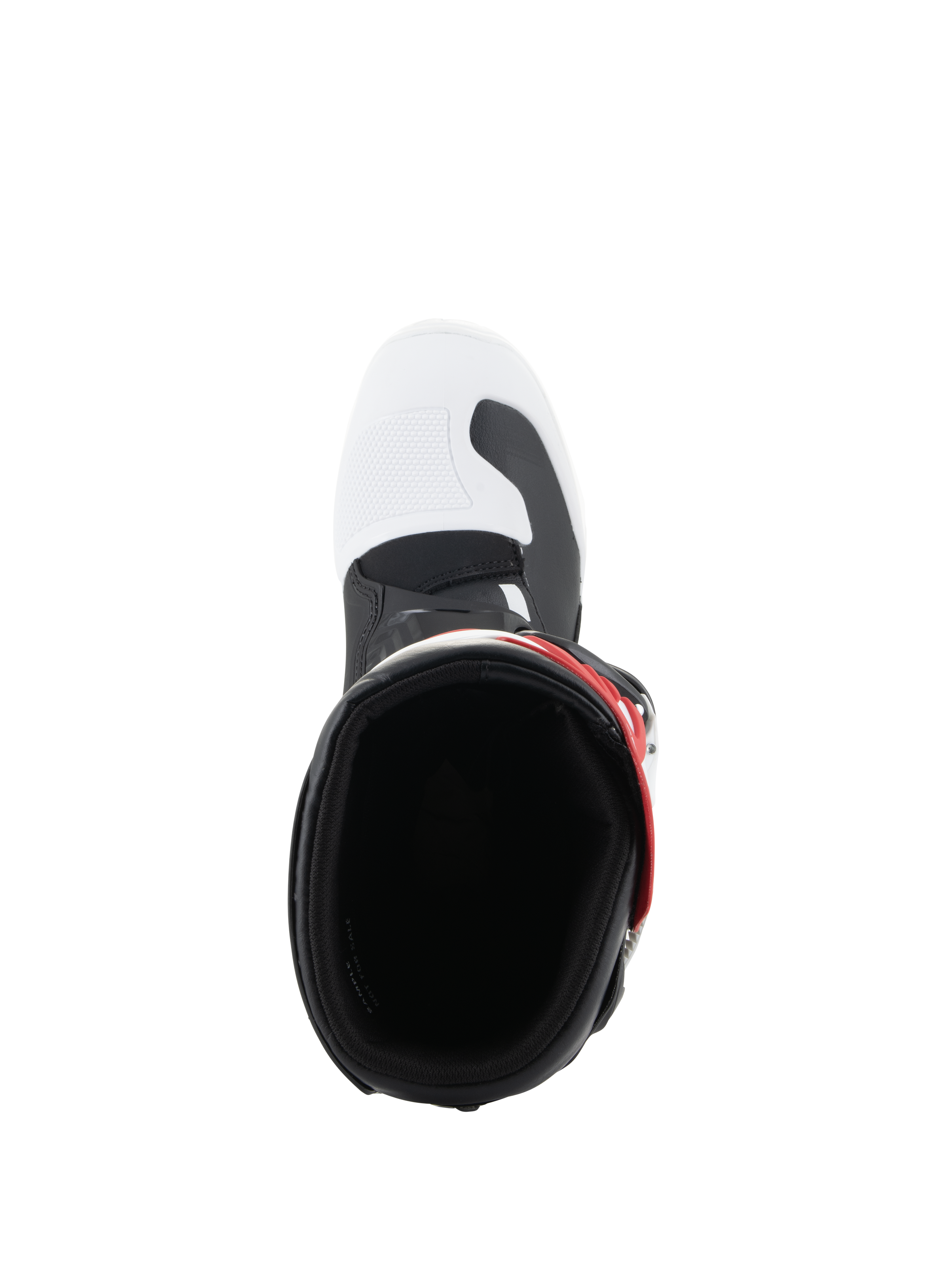 Alpinestars Youth Tech 3S Boots, stivali da motocross, bianco, nero e rosso acceso, vista dall'alto verso l'interno dello stivale, con punta bianca, accenti neri e cinturino rosso, progettati per giovani piloti