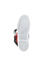 Stivali Alpinestars Youth Tech 3S, stivali da motocross, bianco, nero e rosso acceso, vista della suola con battistrada bianco strutturato, logo e marchio Alpinestars stampati, suola resistente per prestazioni fuoristrada