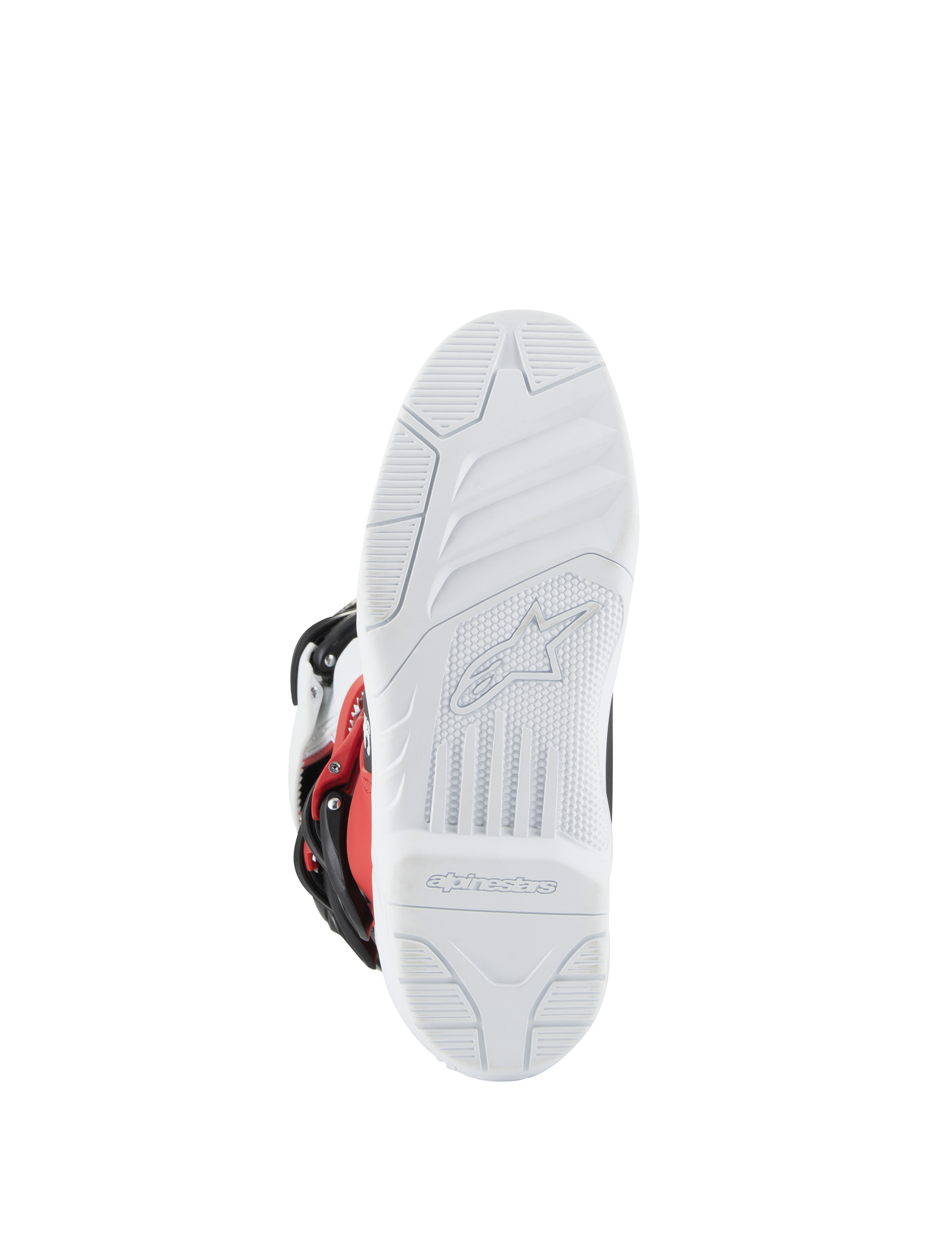 Stivali Alpinestars Youth Tech 3S, stivali da motocross, bianco, nero e rosso acceso, vista della suola con battistrada bianco strutturato, logo e marchio Alpinestars stampati, suola resistente per prestazioni fuoristrada