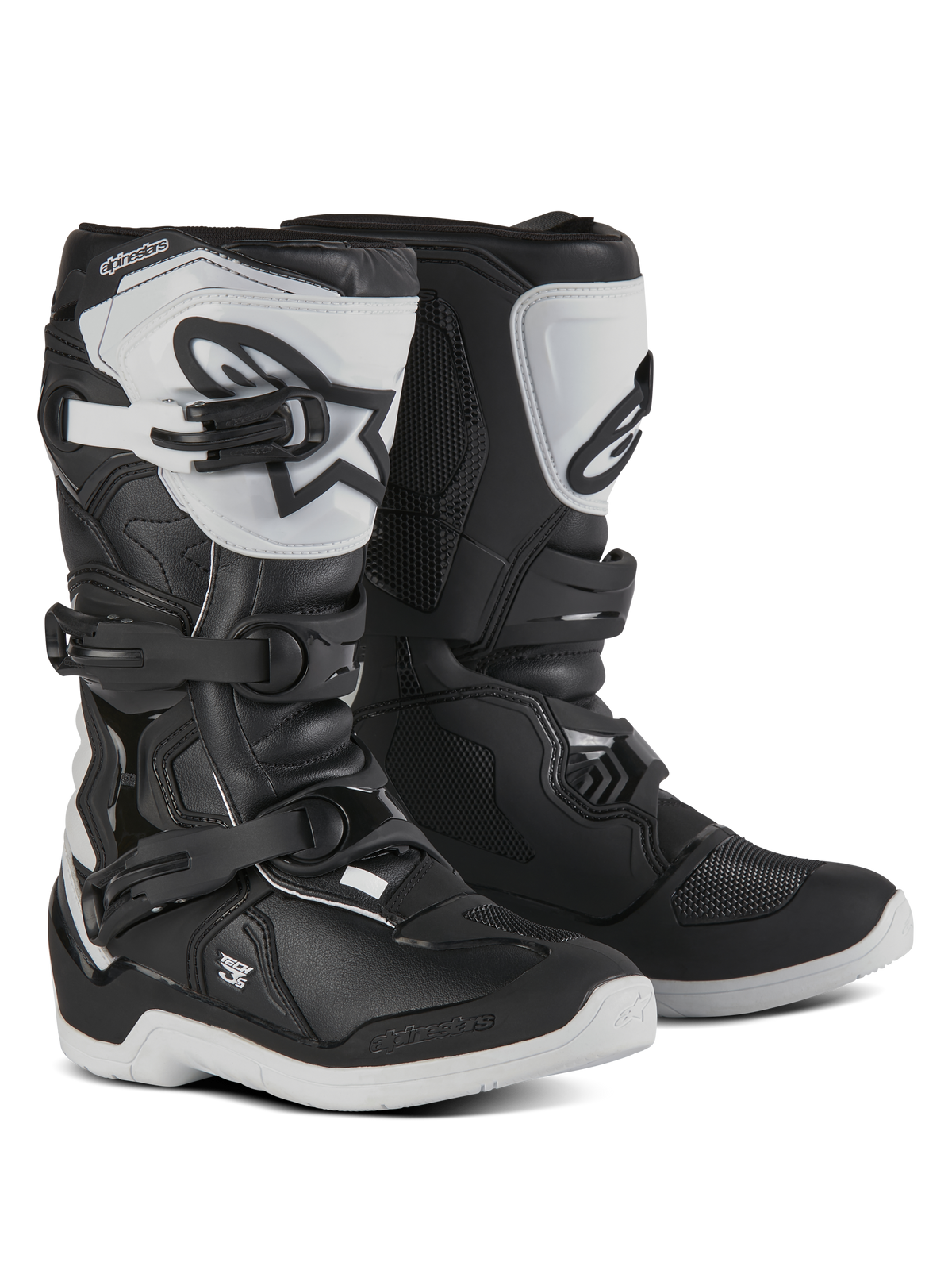 Alpinestars Youth Tech 3S, stivali da motocross per giovani piloti, nero e bianco, con tre cinturini a fibbia regolabili, placca stinchi in TPU bianca con logo Alpinestars, protezione a guscio rigido rinforzata e robusta suola bianca con battistrada, design per corse fuoristrada