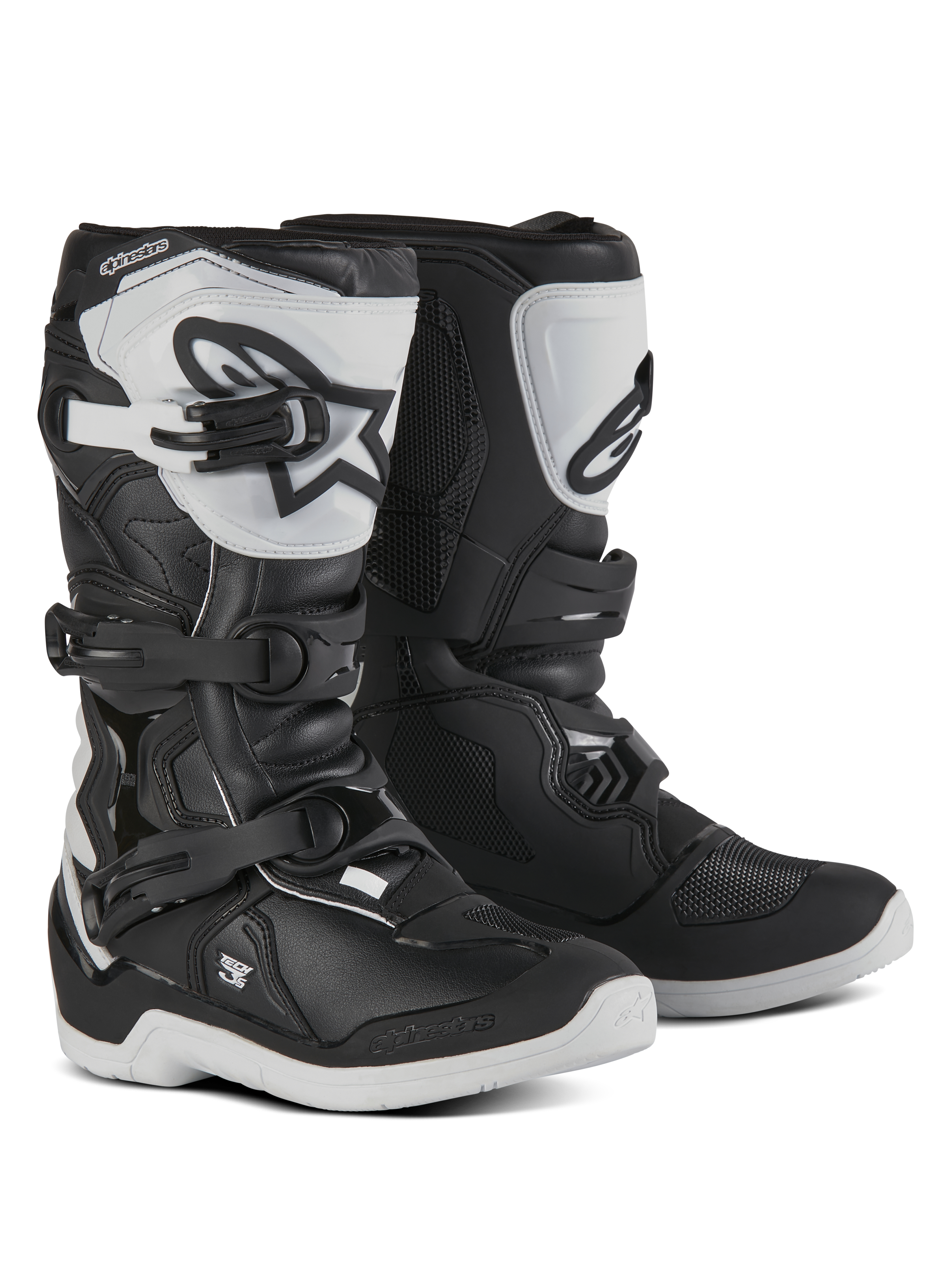 Alpinestars Youth Tech 3S, stivali da motocross per giovani piloti, nero e bianco, con tre cinturini a fibbia regolabili, placca stinchi in TPU bianca con logo Alpinestars, protezione a guscio rigido rinforzata e robusta suola bianca con battistrada, design per corse fuoristrada
