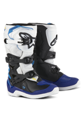 Alpinestars Youth Tech 3S Boots, stivali da motocross, bianco, nero e blu smalto, con sistema di chiusura a fibbie multiple, zone di grip testurizzate e suole bianche, stivali da moto protettivi e resistenti per giovani piloti