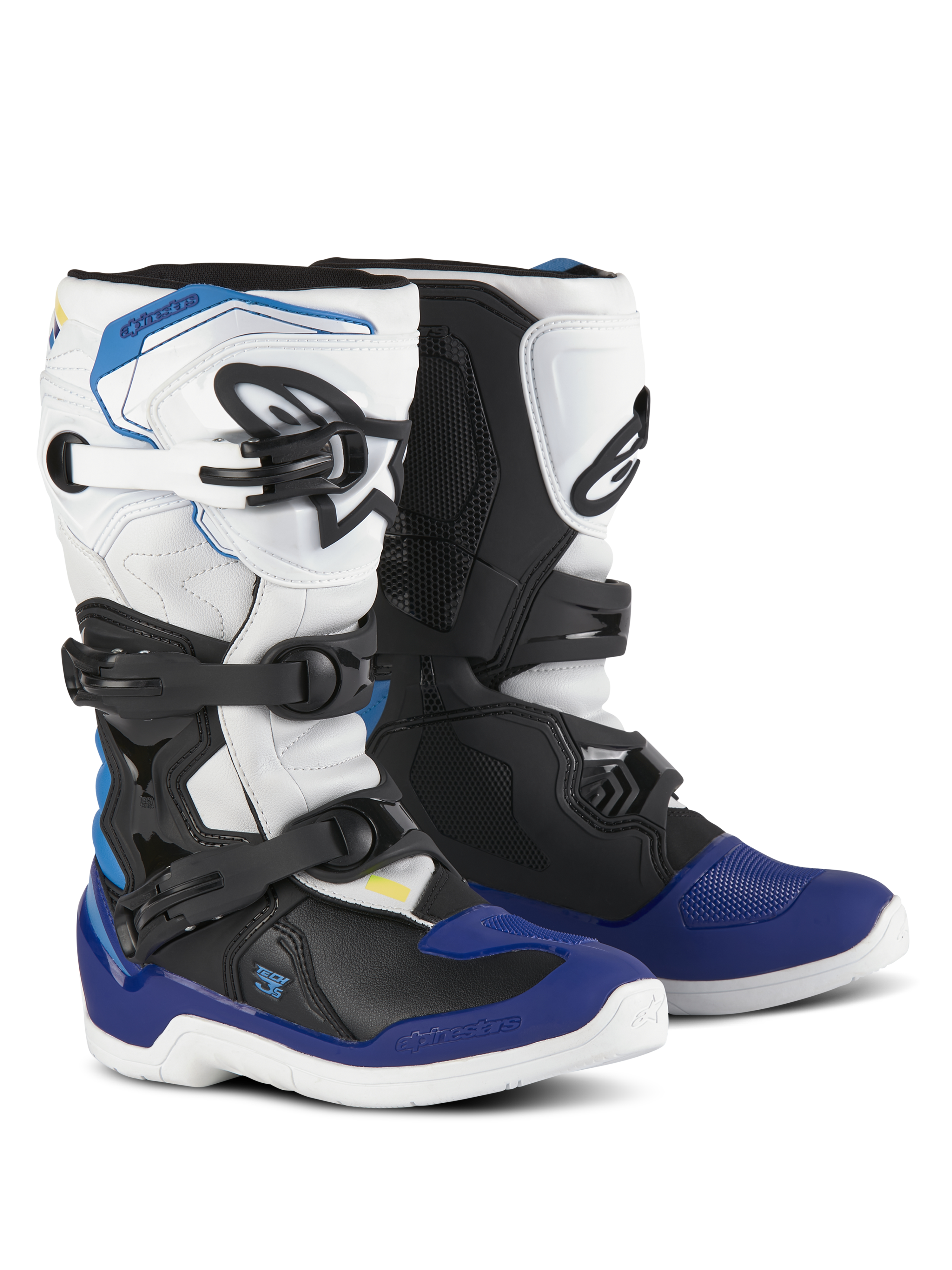 Alpinestars Youth Tech 3S Boots, stivali da motocross, bianco, nero e blu smalto, con sistema di chiusura a fibbie multiple, zone di grip testurizzate e suole bianche, stivali da moto protettivi e resistenti per giovani piloti