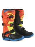 Alpinestars Youth Tech 3S Boots, stivali da motocross per ragazzi, arancione fluo, blu smalto e giallo fluo, suole blu, sistema di chiusura a tre fibbie, placche parastinchi protettive in TPU, attrezzatura per guida off-road