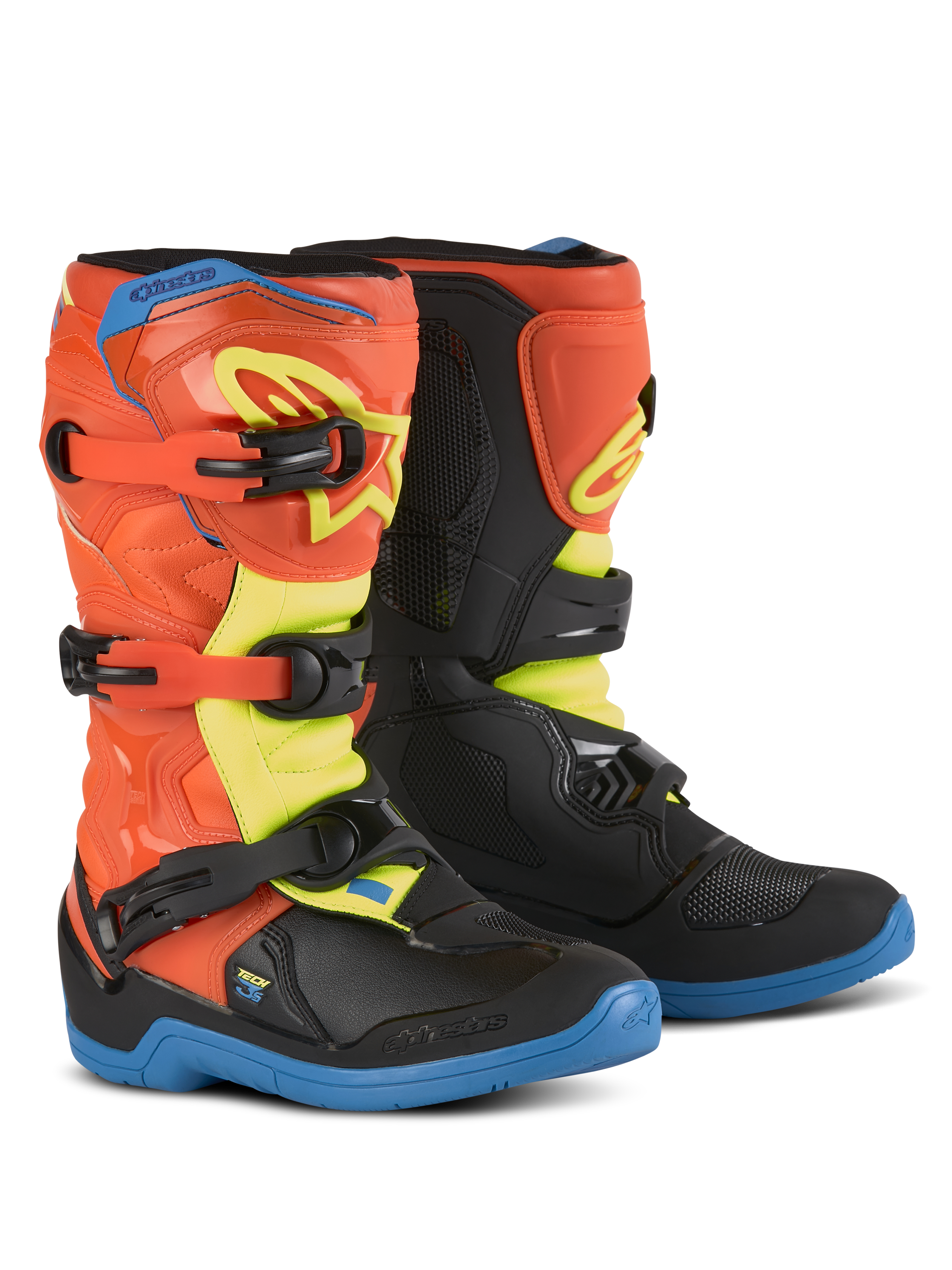 Alpinestars Youth Tech 3S Boots, stivali da motocross per ragazzi, arancione fluo, blu smalto e giallo fluo, suole blu, sistema di chiusura a tre fibbie, placche parastinchi protettive in TPU, attrezzatura per guida off-road