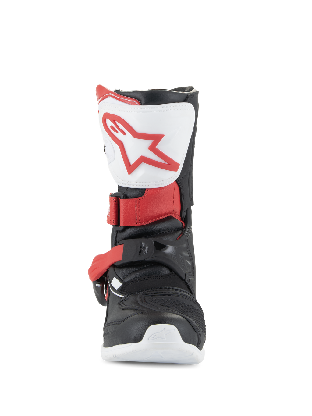 Stivali Alpinestars Tech 3S Bambino, stivali da motocross, bianco, nero e rosso brillante, vista frontale che mostra la piastra tibiale bianca con logo rosso, struttura nera con cinturini delle fibbie rossi, calzatura protettiva da fuoristrada per giovani piloti